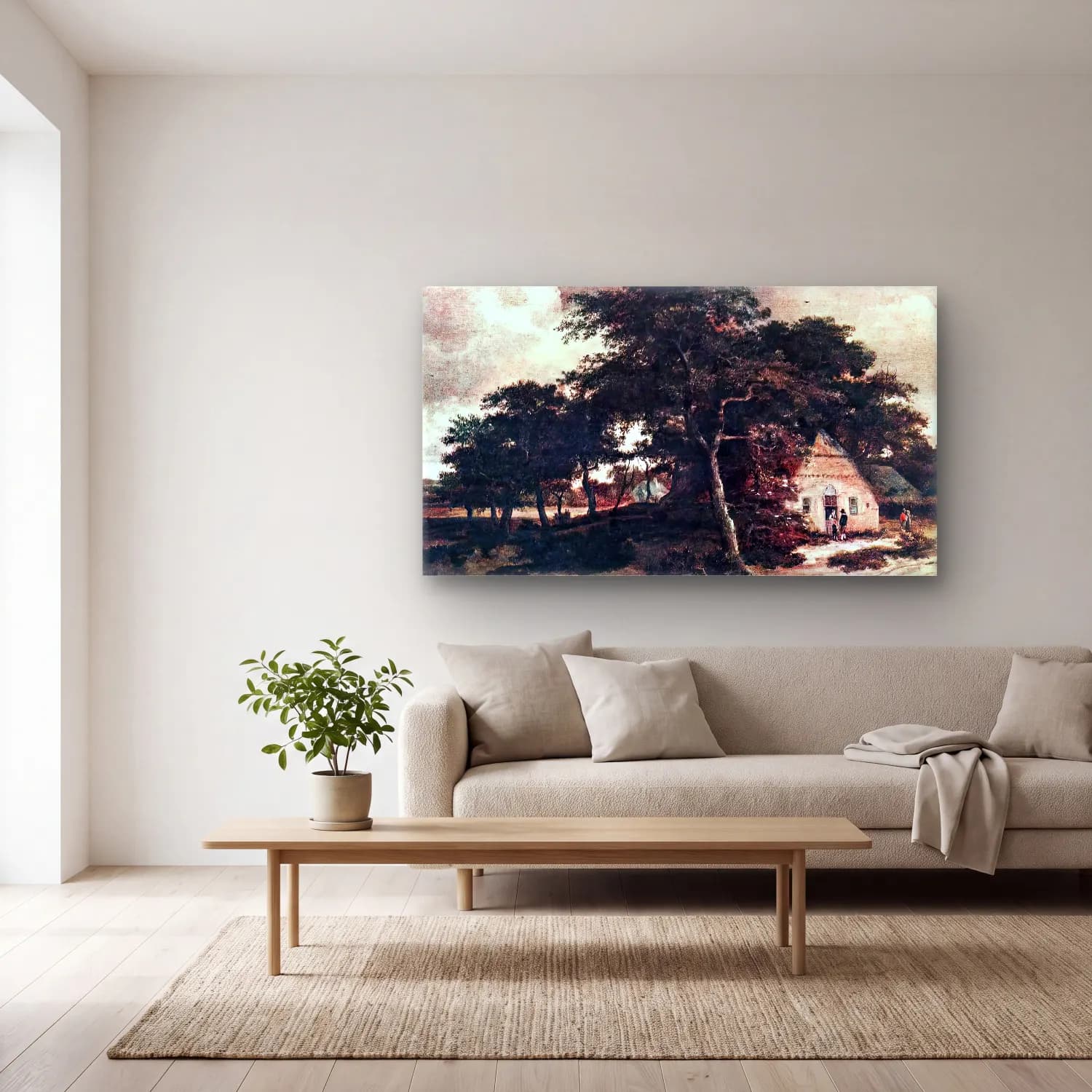 Meyndert Hobbema – Landscape with a Hut cam tablo — açık renk salonda
