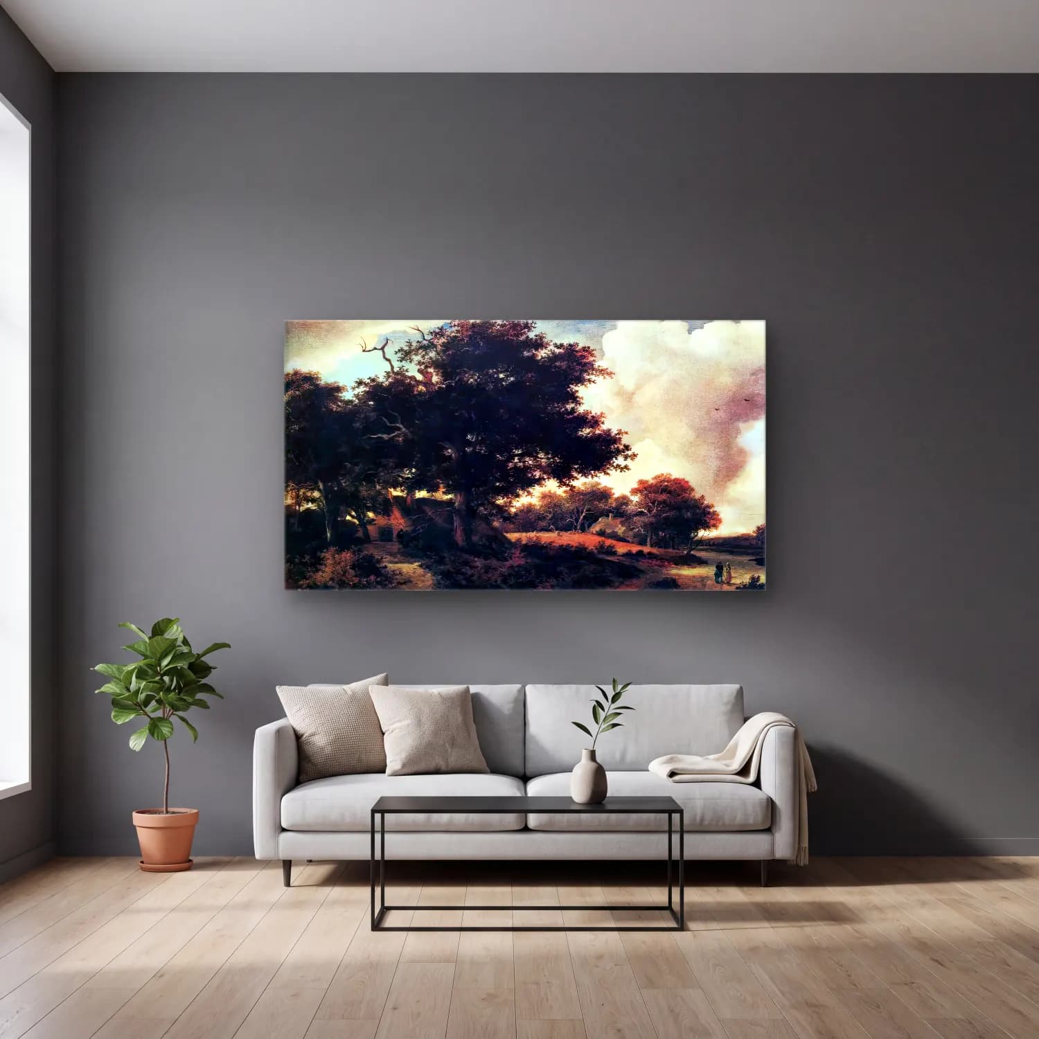 Meyndert Hobbema – Landscape cam tablo — gri duvarlı salonda
