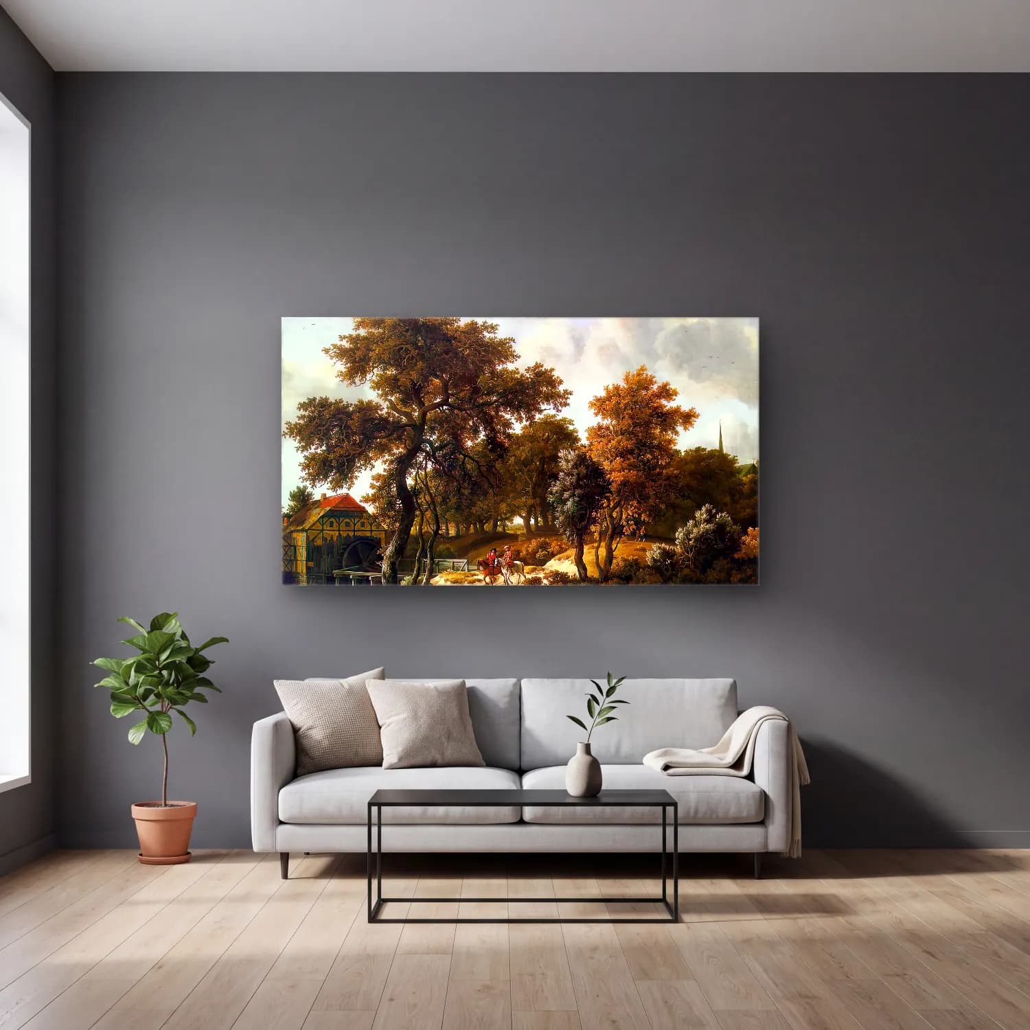 Meyndert Hobbema – The Travelers cam tablo — gri duvarlı salonda