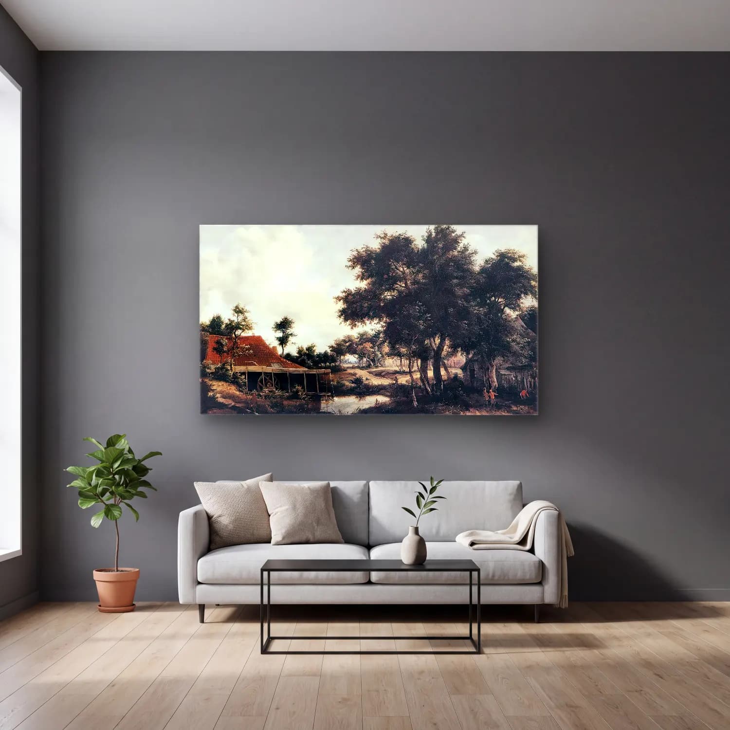 Meyndert Hobbema – The Water Mill cam tablo — gri duvarlı salonda