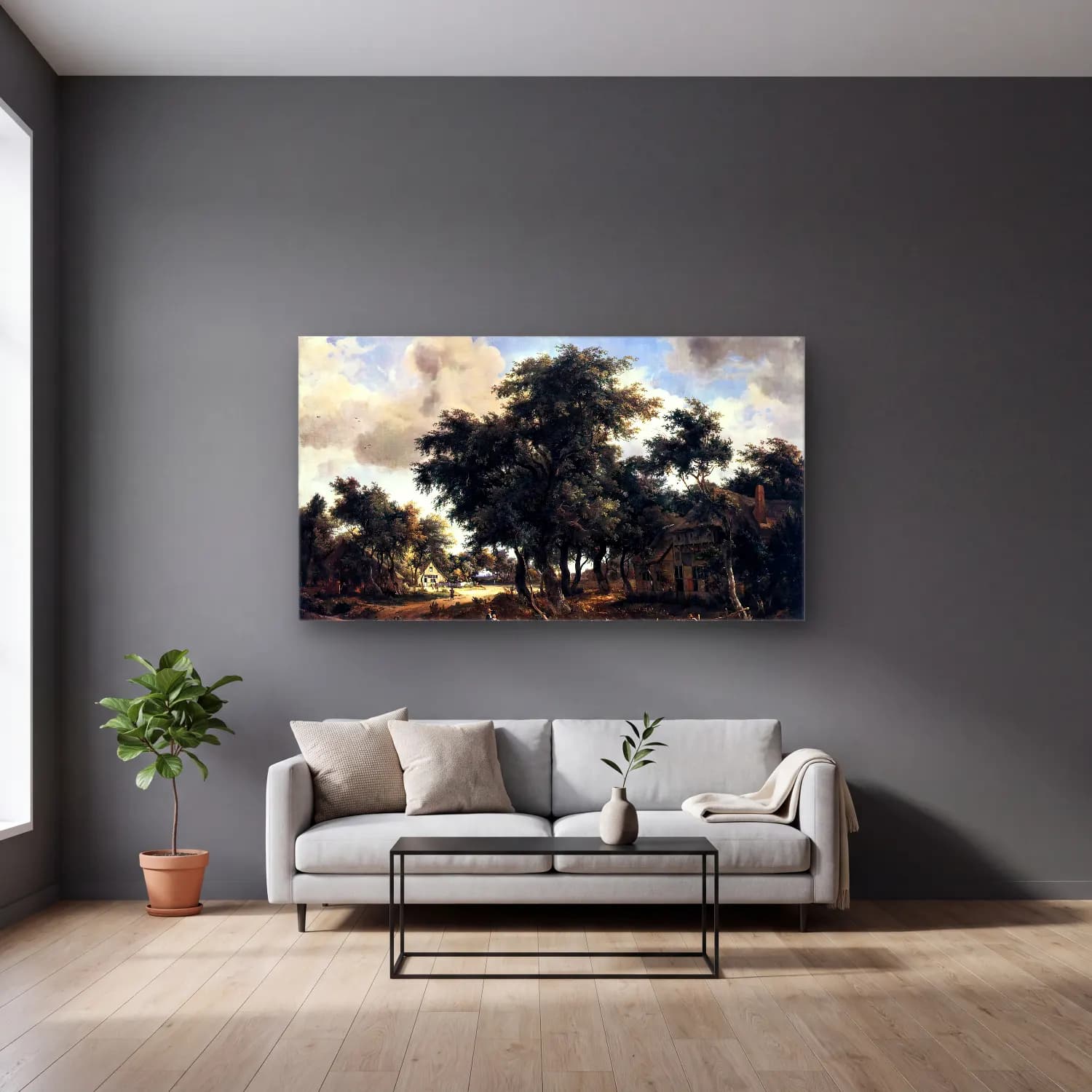 Meyndert Hobbema – Village Street under Trees cam tablo — gri duvarlı salonda