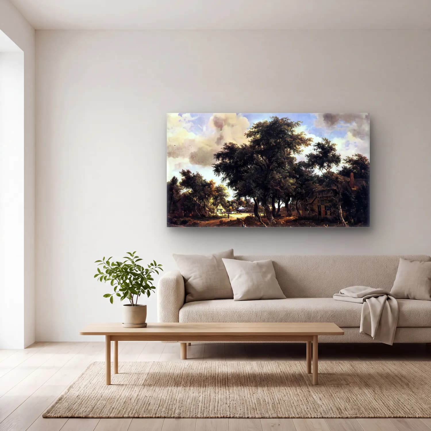 Meyndert Hobbema – Village Street under Trees cam tablo — açık renk salonda