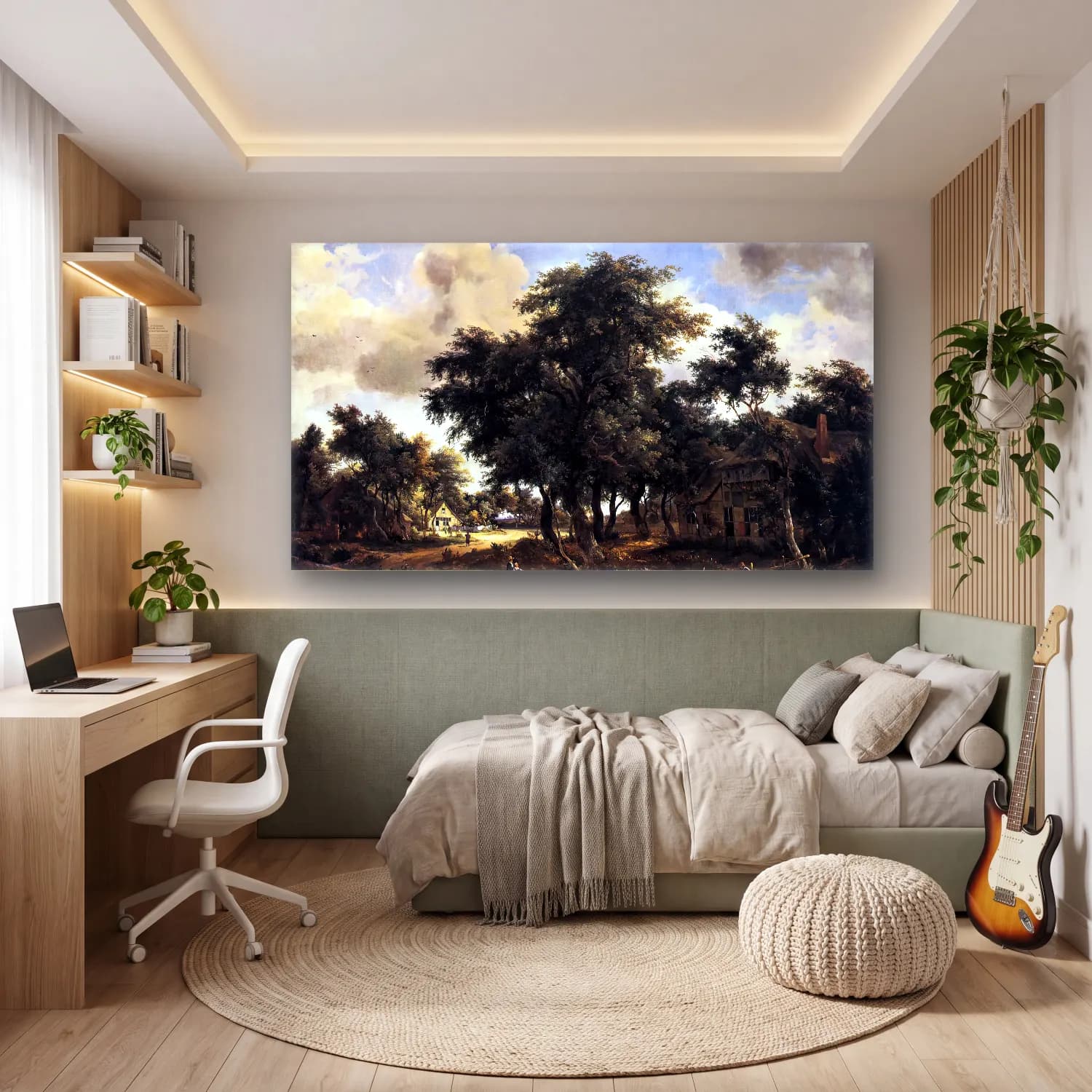 Meyndert Hobbema – Village Street under Trees cam tablo — genç odasında