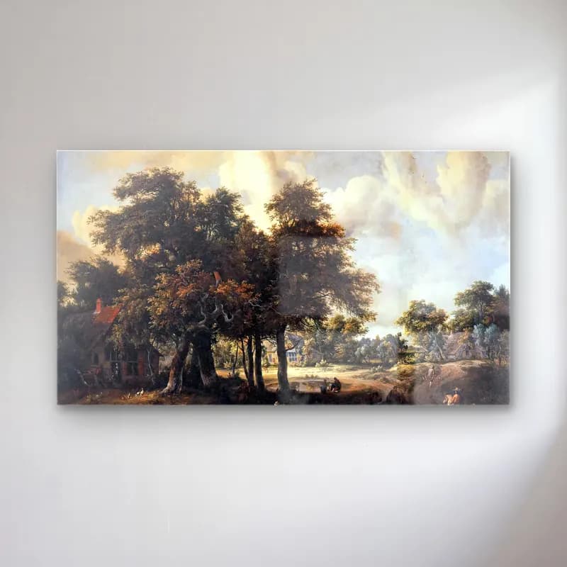 Meyndert Hobbema – Wooded Landscape with Cottages cam tablo — Meyndert Hobbema – Wooded Landscape with Cottages — yağlı boya kır evi