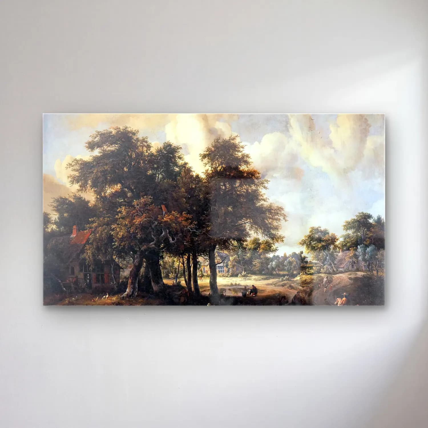 Meyndert Hobbema – Wooded Landscape with Cottages cam tablo — Meyndert Hobbema – Wooded Landscape with Cottages — yağlı boya kır evi