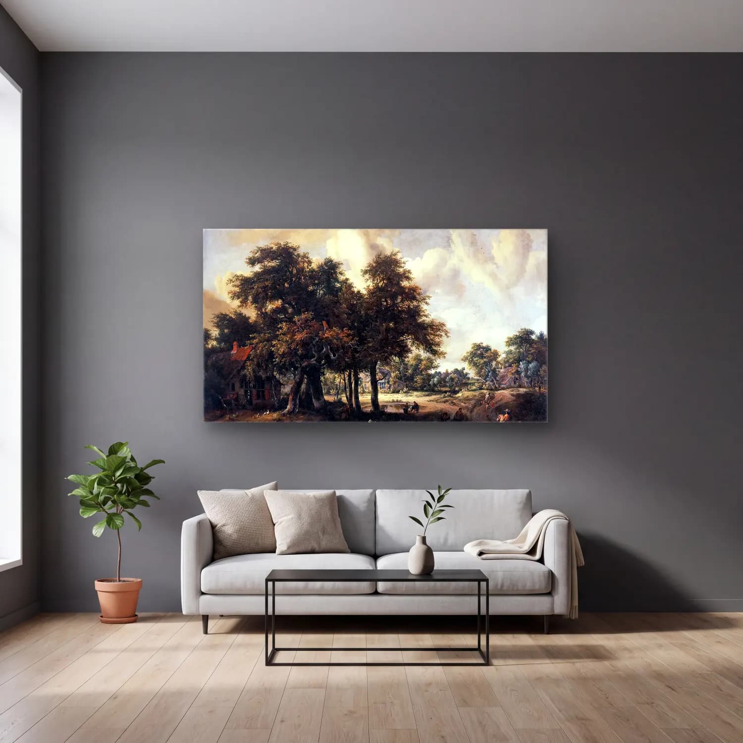 Meyndert Hobbema – Wooded Landscape with Cottages cam tablo — gri duvarlı salonda