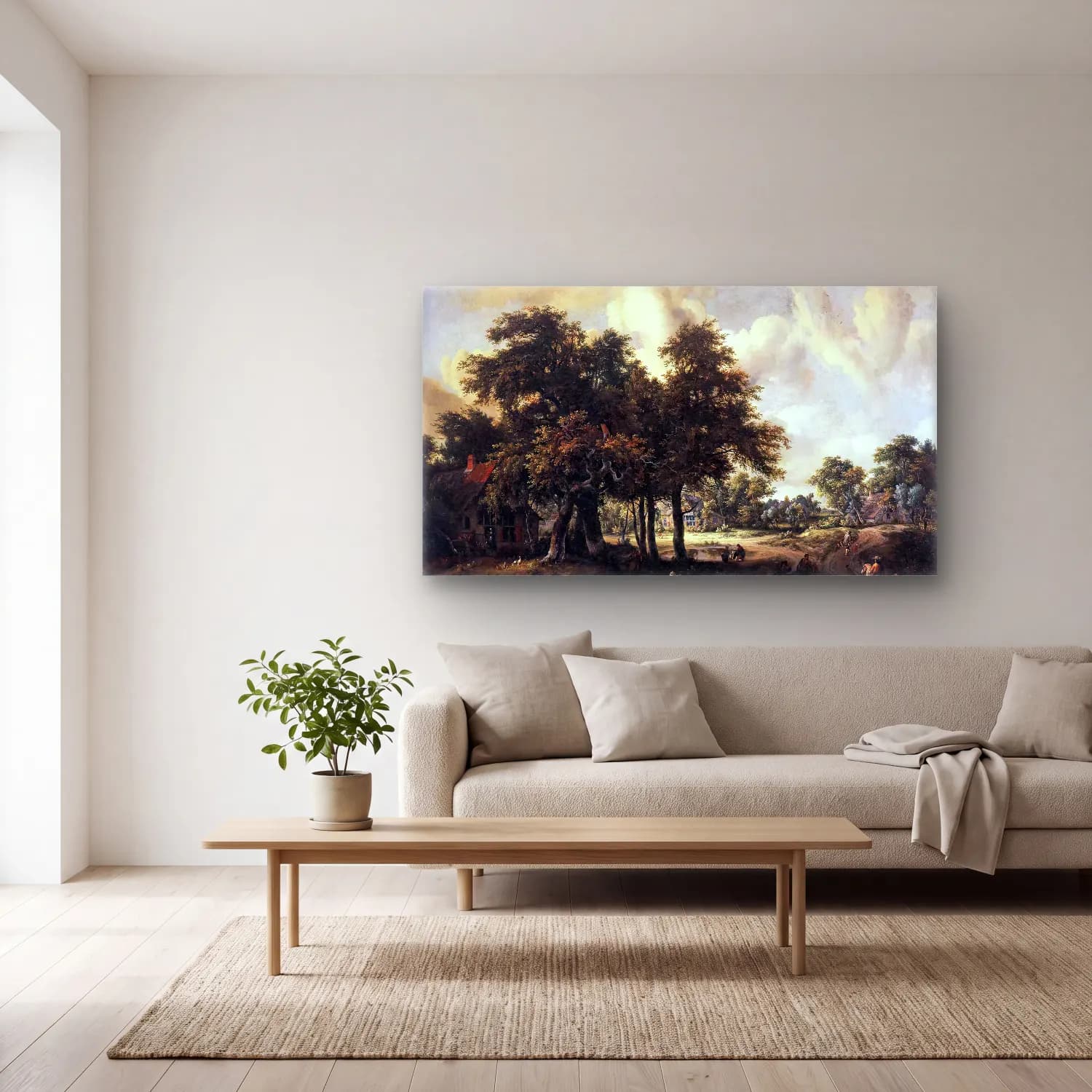 Meyndert Hobbema – Wooded Landscape with Cottages cam tablo — açık renk salonda
