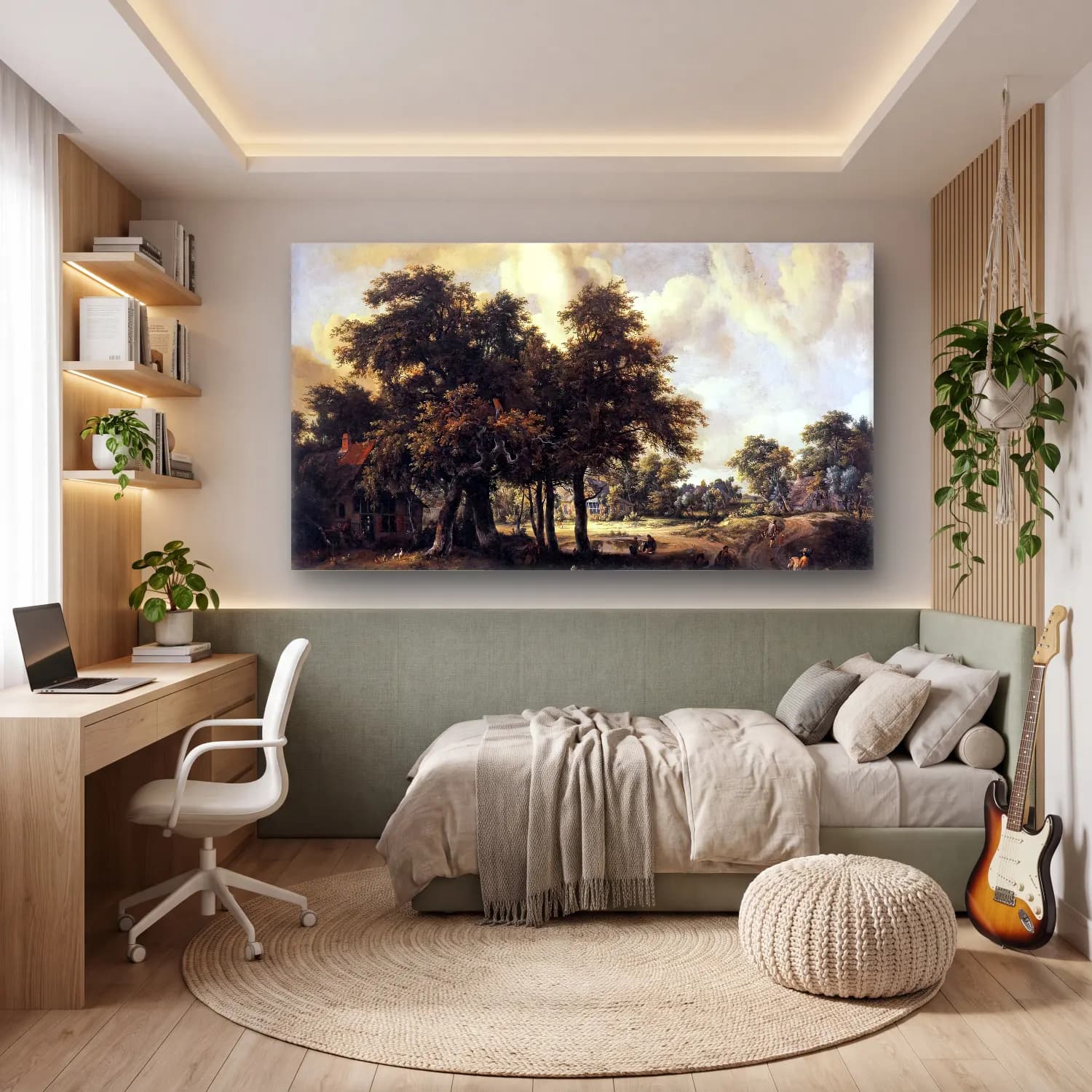 Meyndert Hobbema – Wooded Landscape with Cottages cam tablo — genç odasında
