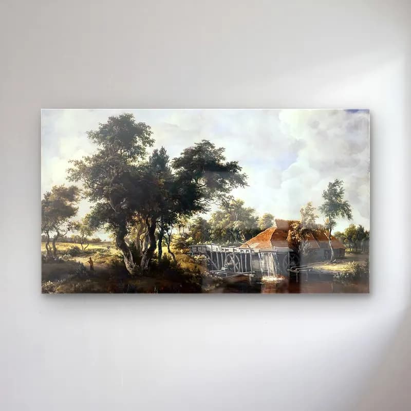 Meyndert Hobbema – Wooded Landscape with Water Mill cam tablo — Meyndert Hobbema – Wooded Landscape with Water Mill — yağlı boya kırda nehir