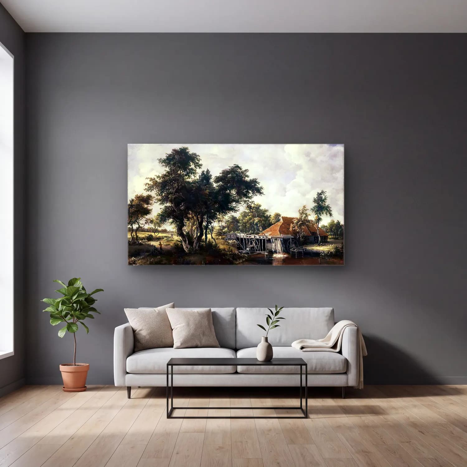 Meyndert Hobbema – Wooded Landscape with Water Mill cam tablo — gri duvarlı salonda