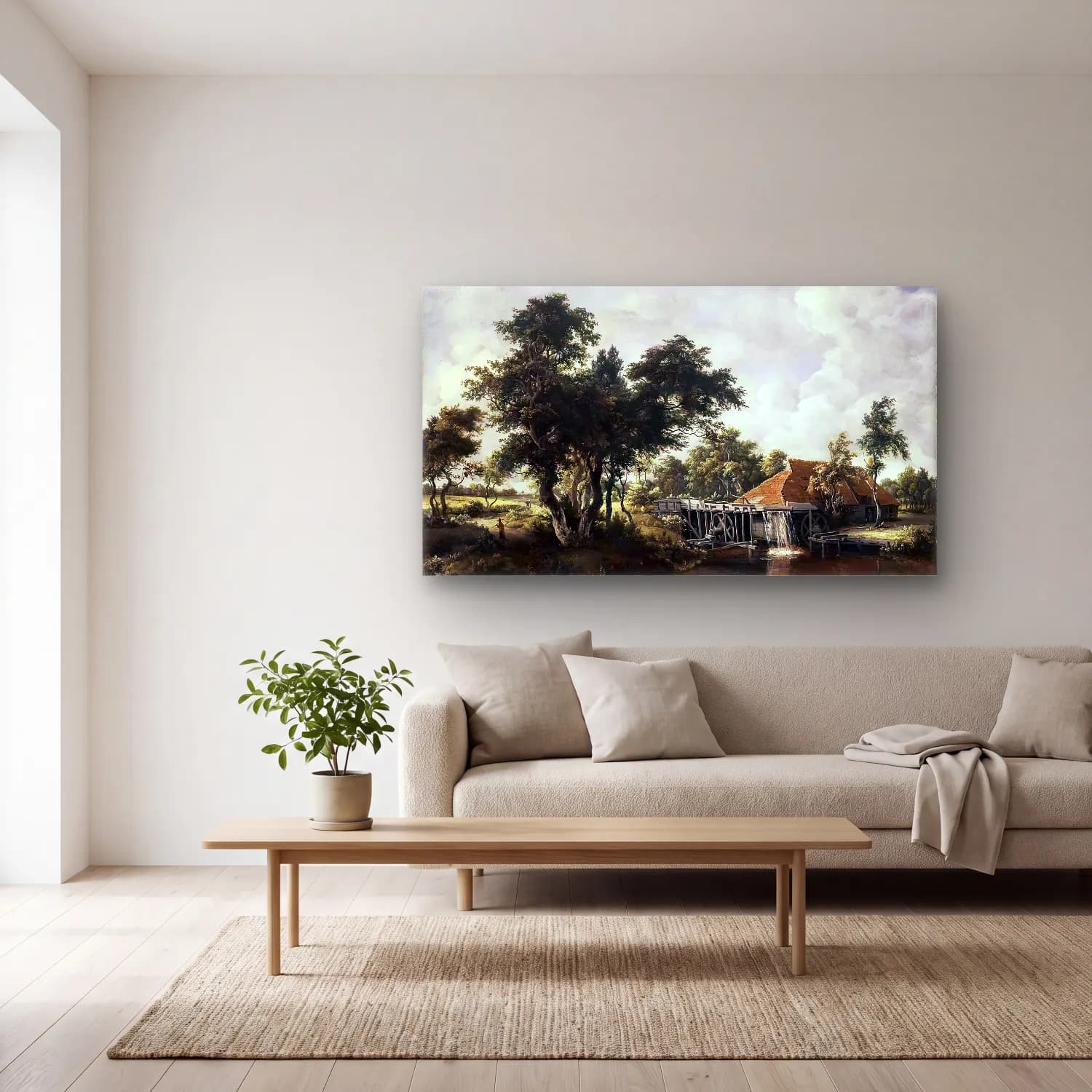 Meyndert Hobbema – Wooded Landscape with Water Mill cam tablo — açık renk salonda