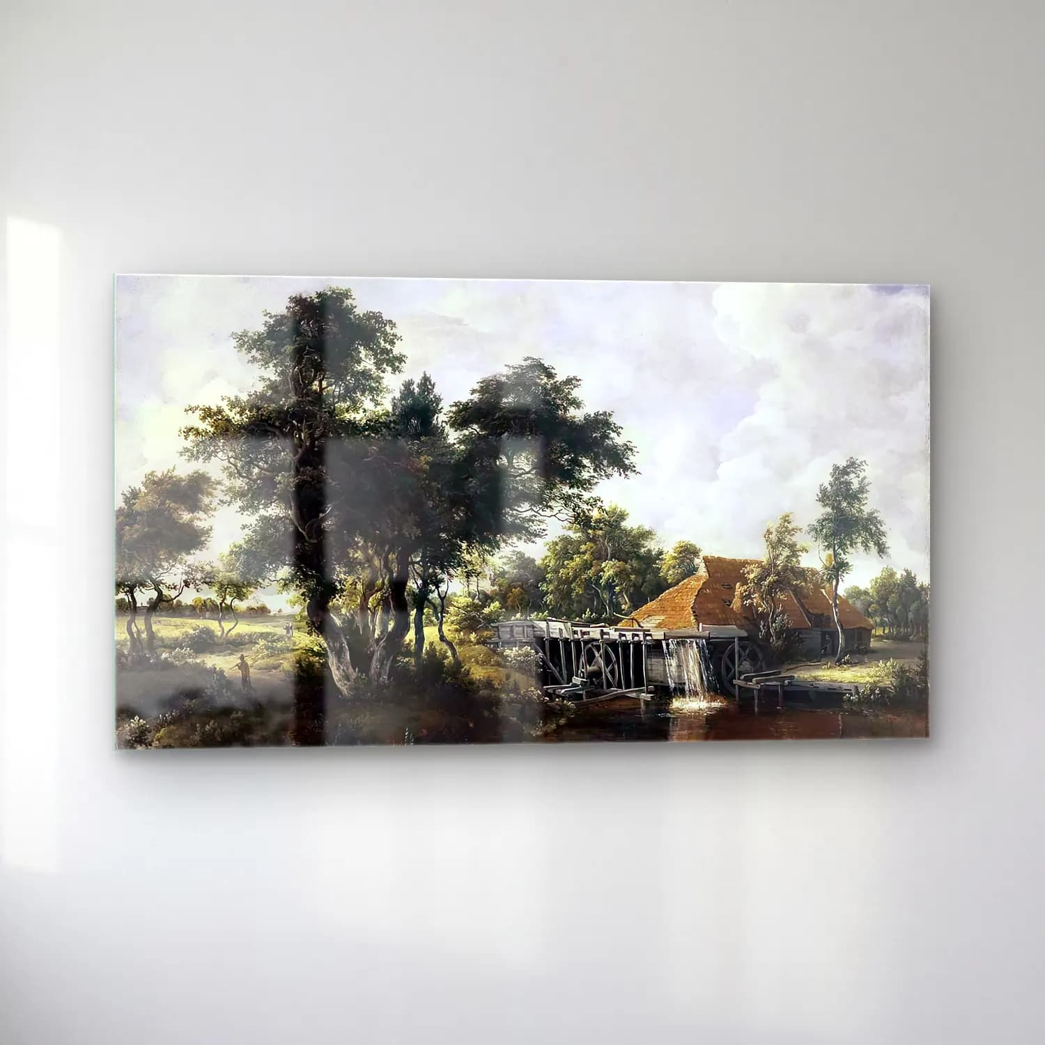 Meyndert Hobbema – Wooded Landscape with Water Mill cam tablo — sol açıdan görünüm