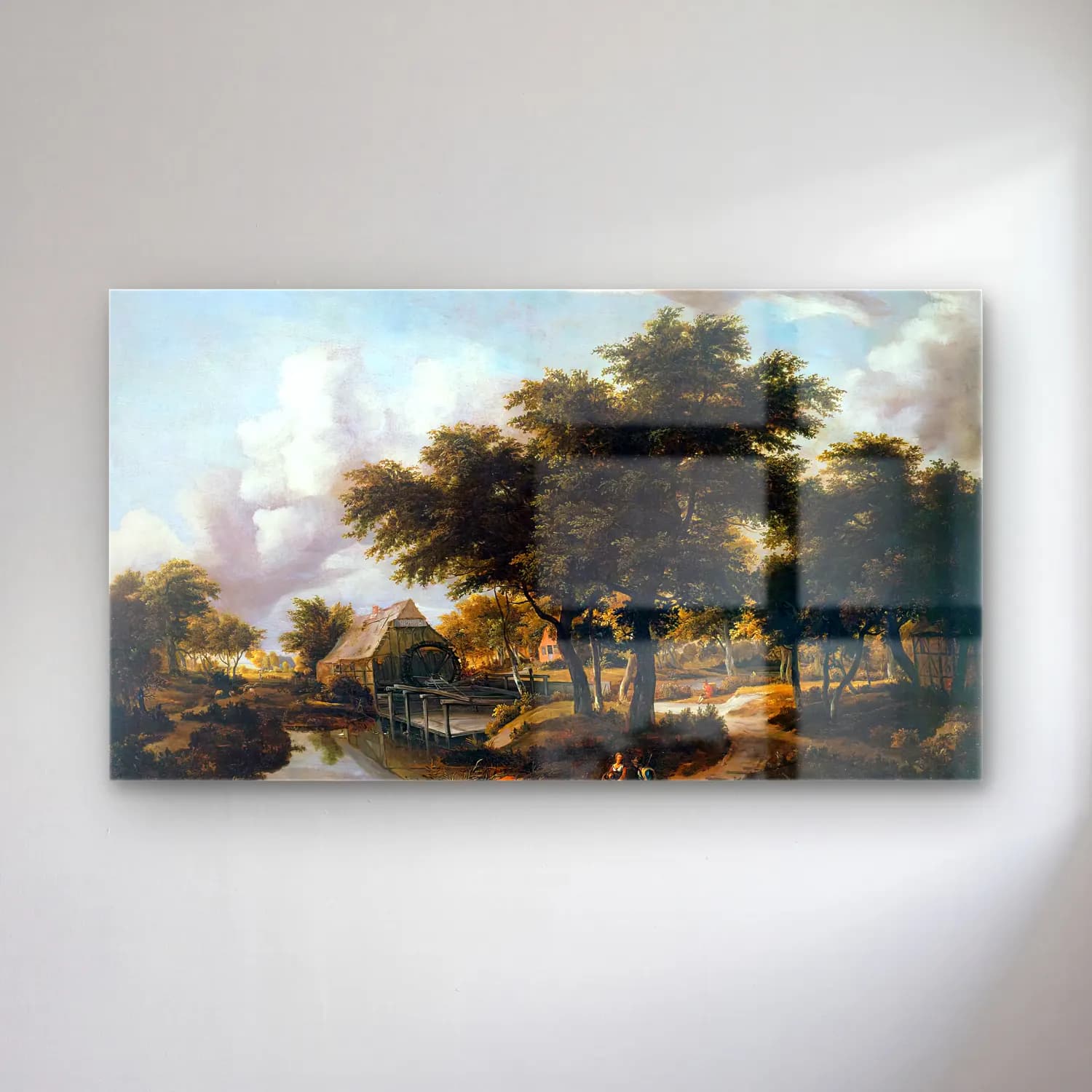 Meyndert Hobbema – Wooded Landscape with a Watermill cam tablo — Meyndert Hobbema – Wooded Landscape with a Watermill — yağlı boya kırda nehir