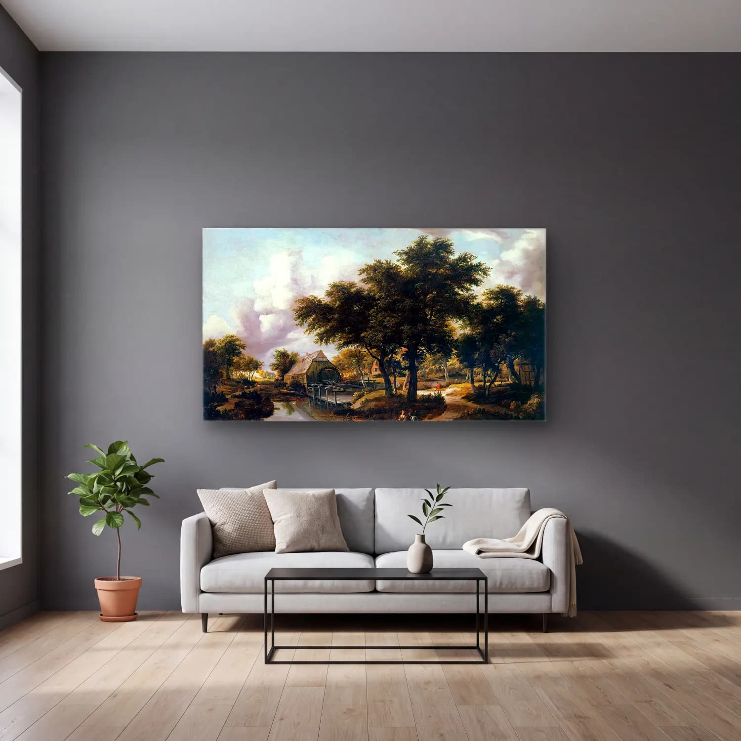 Meyndert Hobbema – Wooded Landscape with a Watermill cam tablo — gri duvarlı salonda
