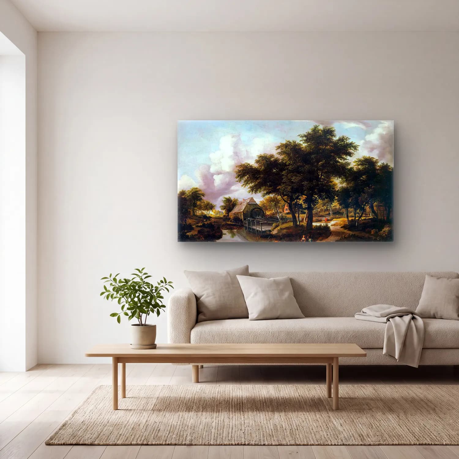 Meyndert Hobbema – Wooded Landscape with a Watermill cam tablo — açık renk salonda