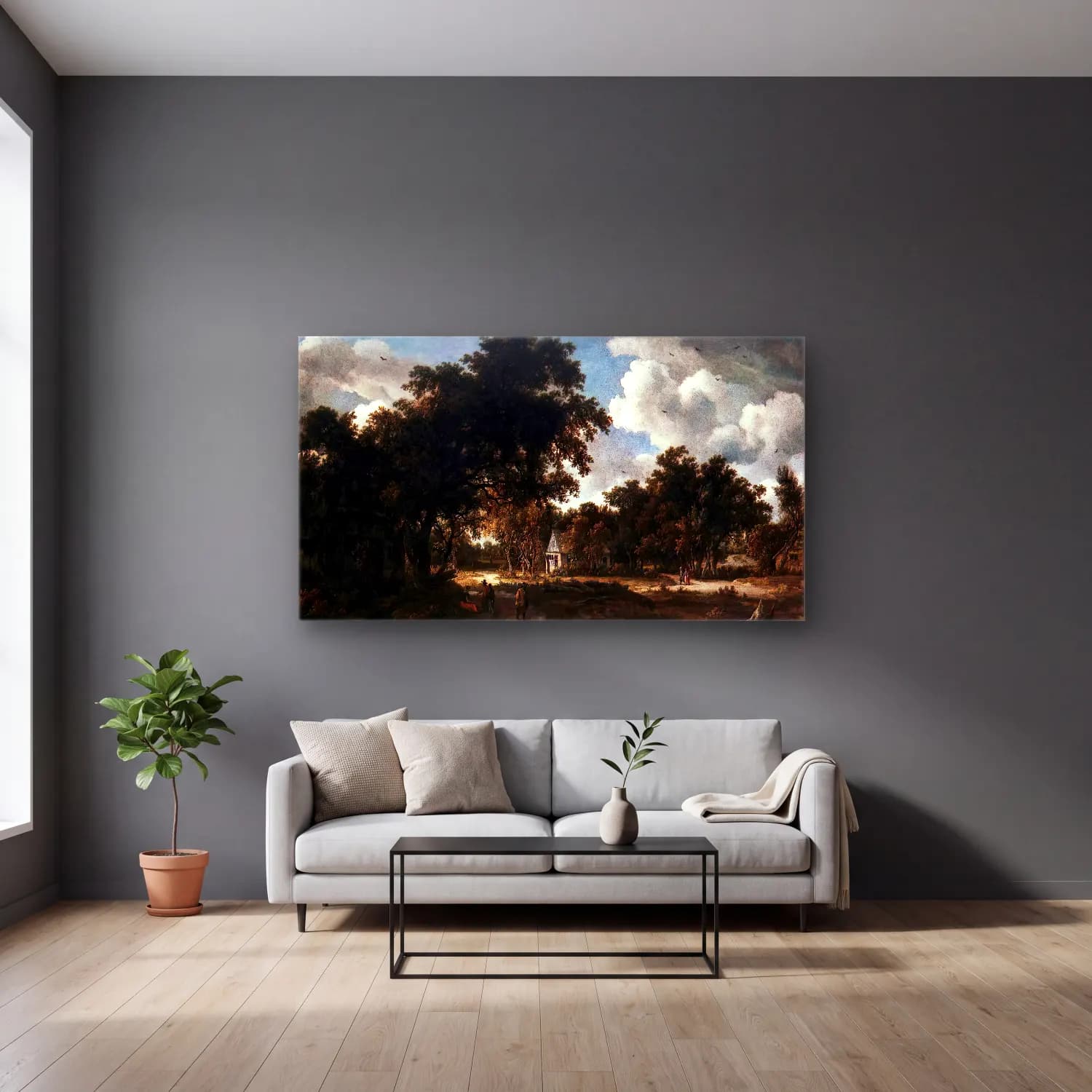 Meyndert Hobbema – Wooded Landscape cam tablo — gri duvarlı salonda