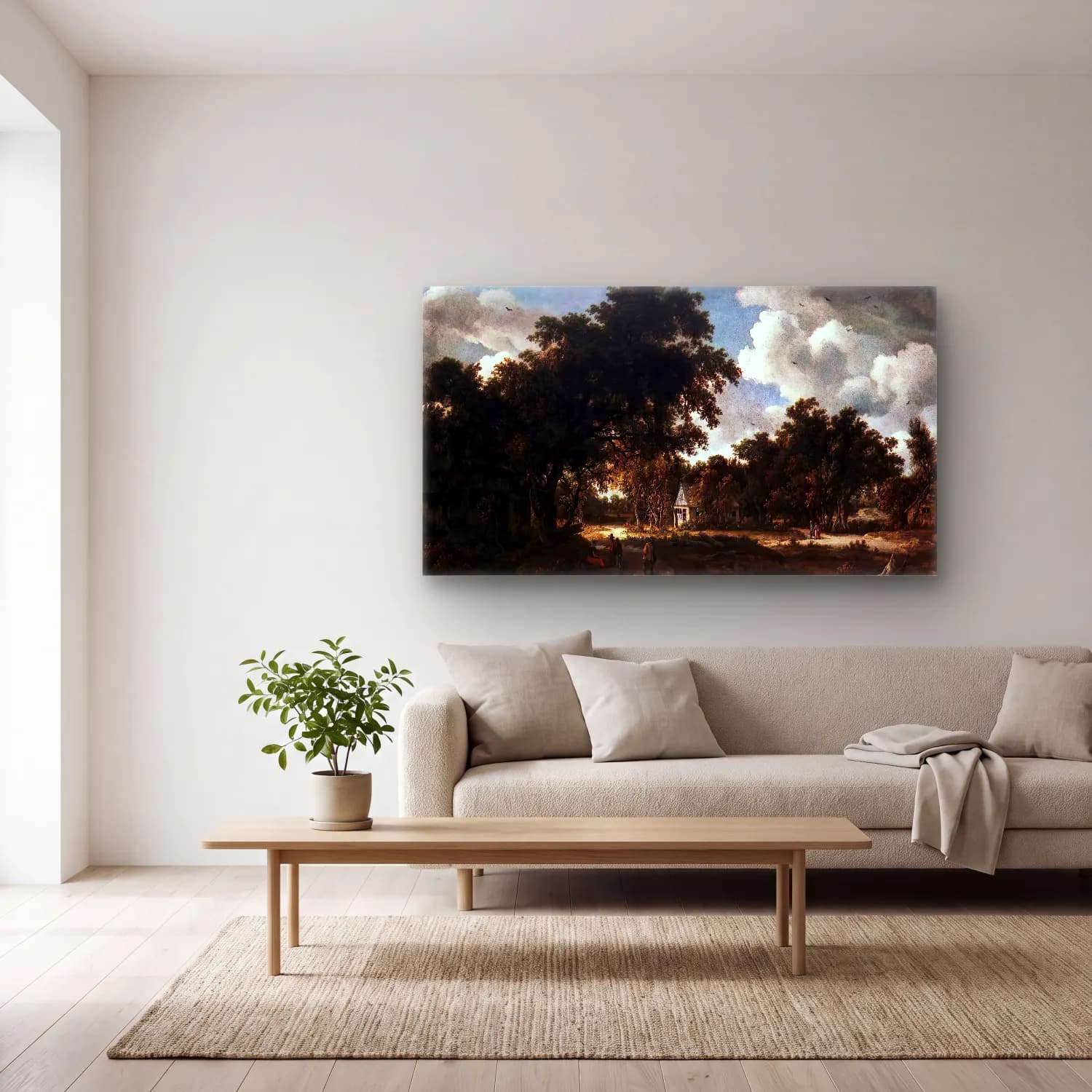 Meyndert Hobbema – Wooded Landscape cam tablo — açık renk salonda