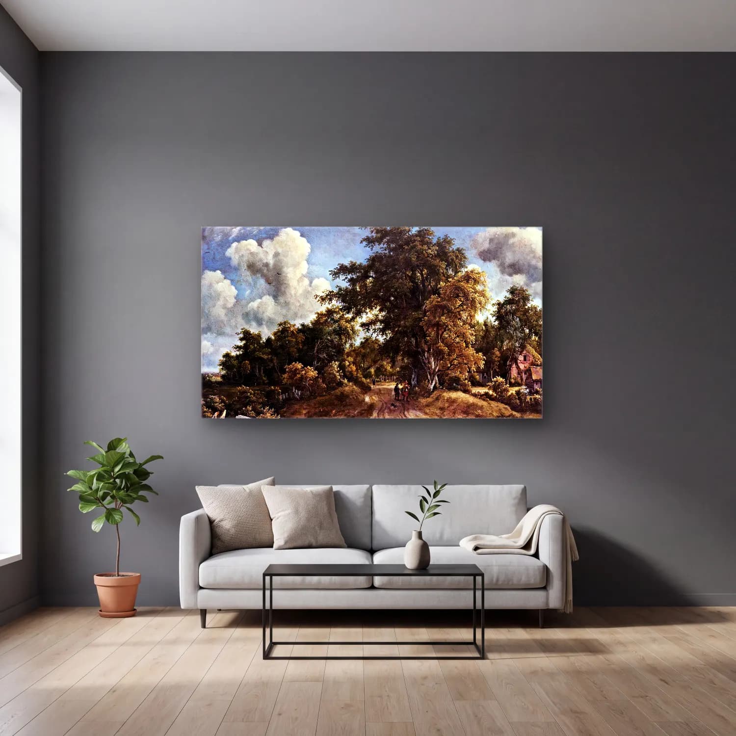 Meyndert Hobbema – Woodland Road cam tablo — gri duvarlı salonda