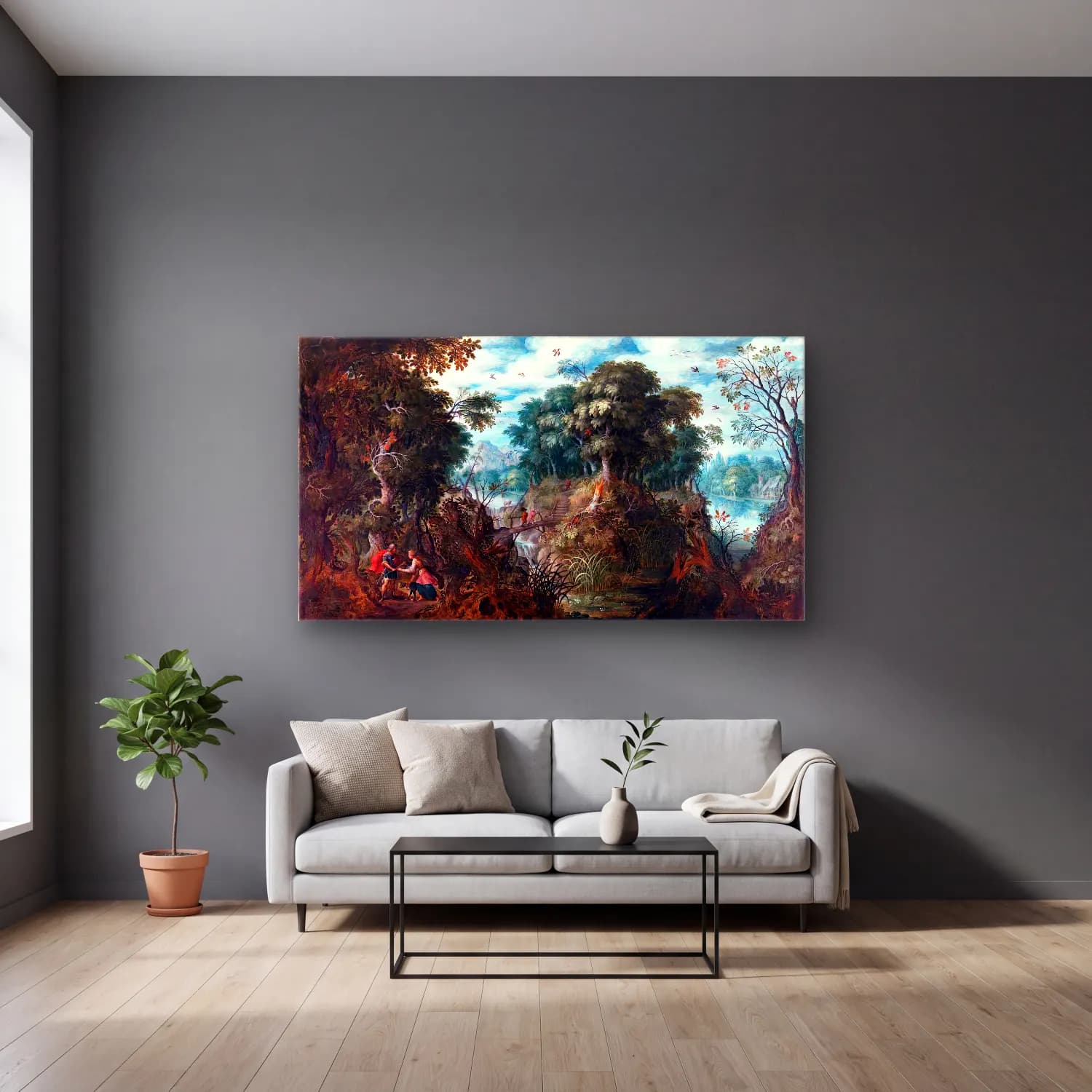 Alexander Keirinckx – Landscape with Cephalus and Procris cam tablo — gri duvarlı salonda
