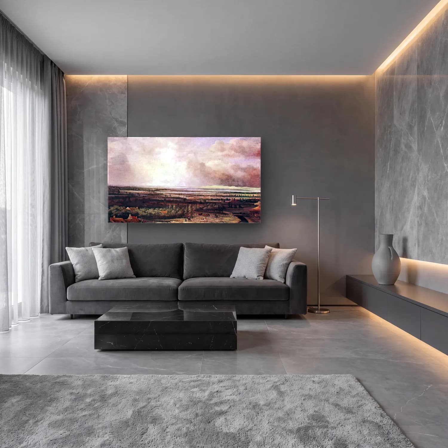 Philips Koninck – An Extensive Landscape with a Hawking Party cam tablo — lüks salon duvarında