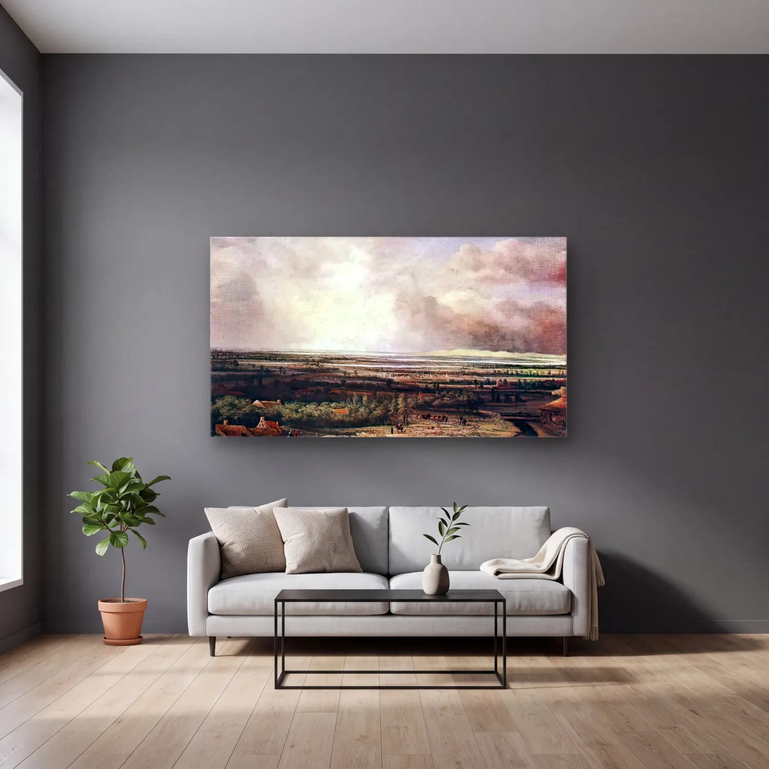 Philips Koninck – An Extensive Landscape with a Hawking Party cam tablo — gri duvarlı salonda
