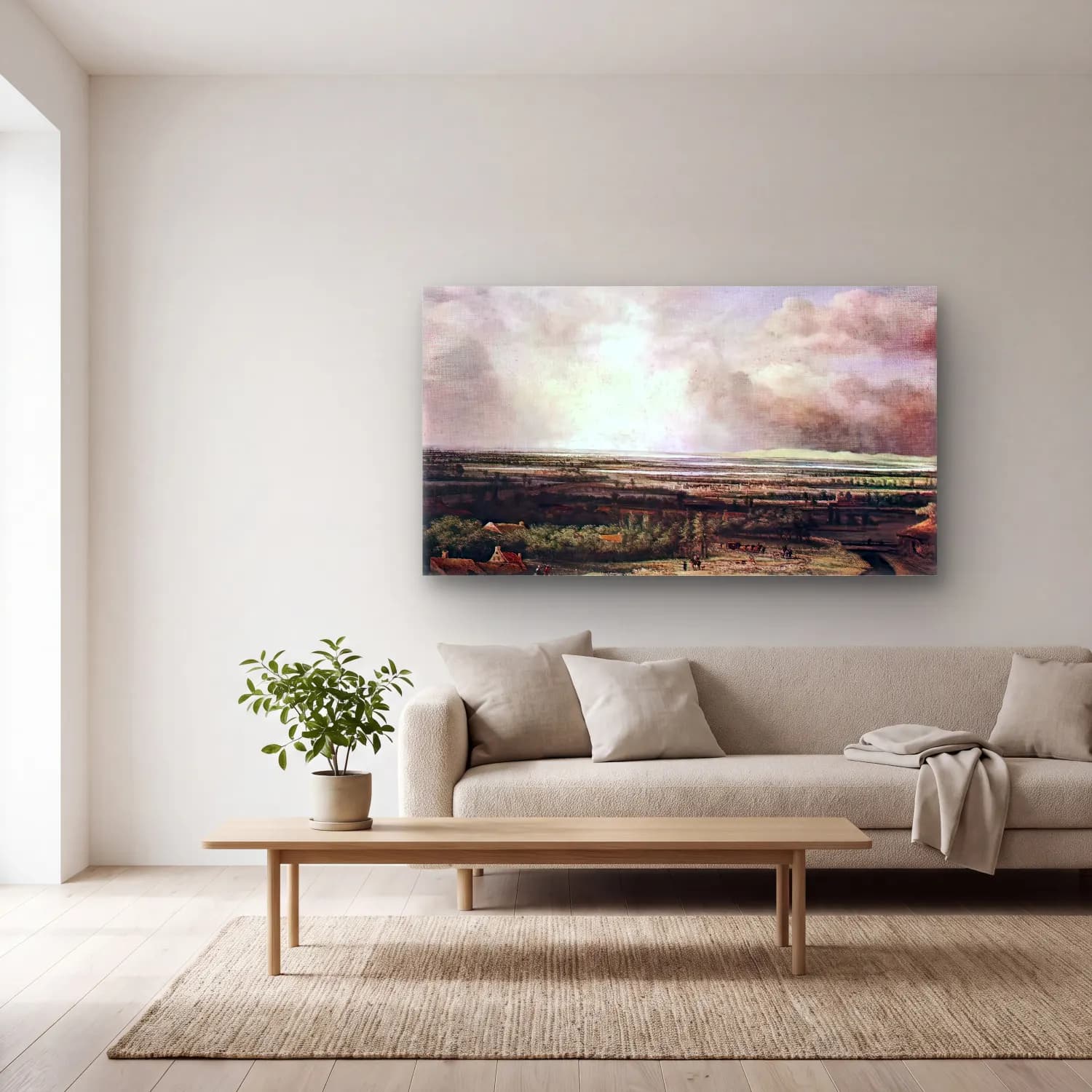 Philips Koninck – An Extensive Landscape with a Hawking Party cam tablo — açık renk salonda