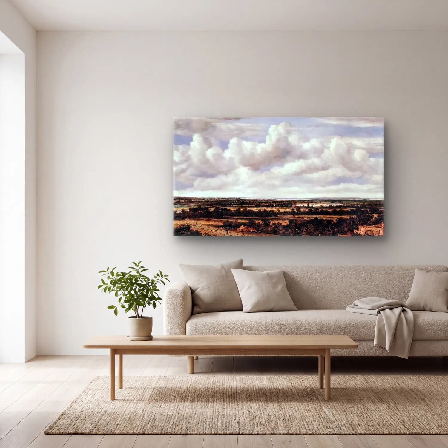 Philips Koninck – An Extensive Landscape with a Road by a Ruin cam tablo — açık renk salonda
