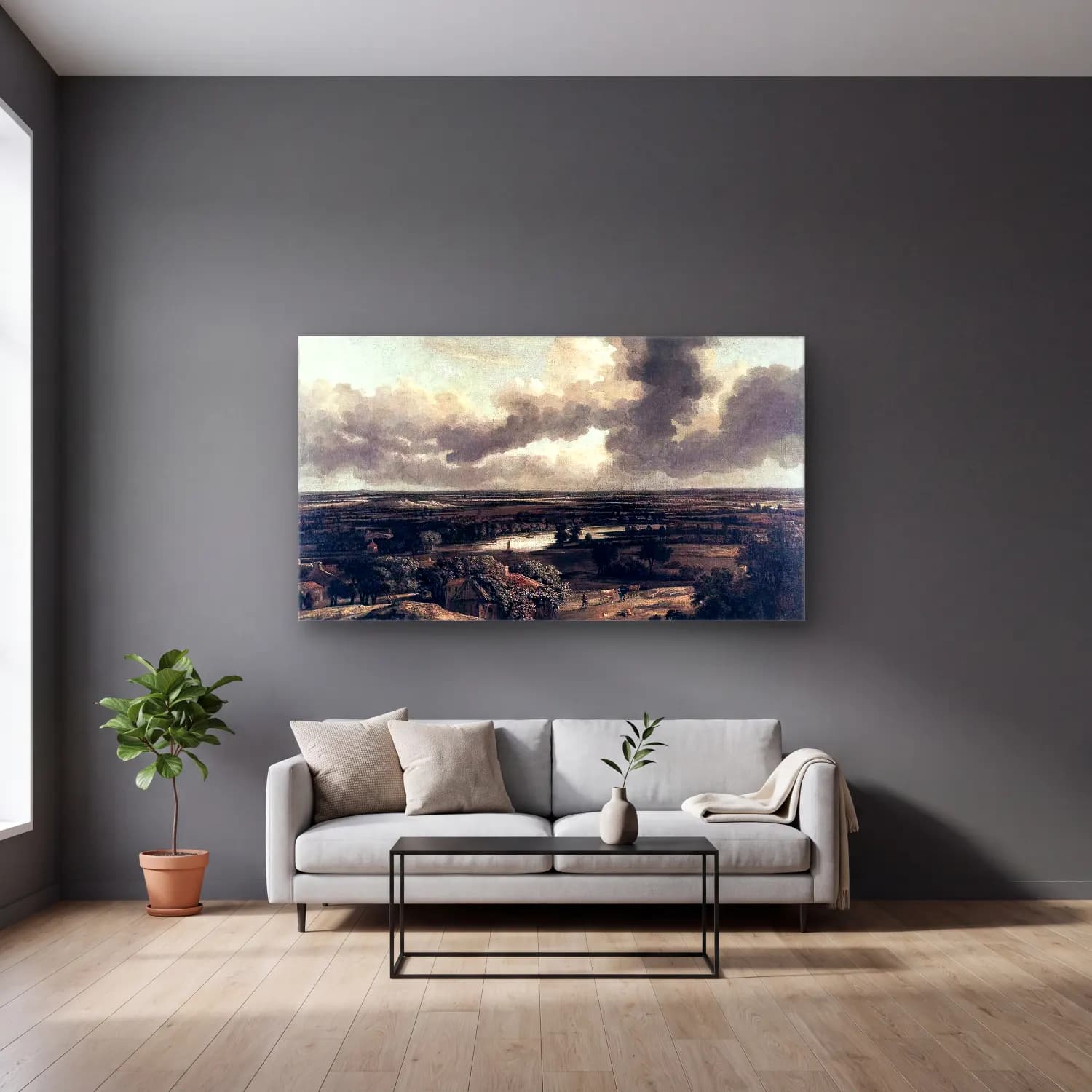 Philips Koninck – Dutch Landscape Viewed from the Dunes cam tablo — gri duvarlı salonda