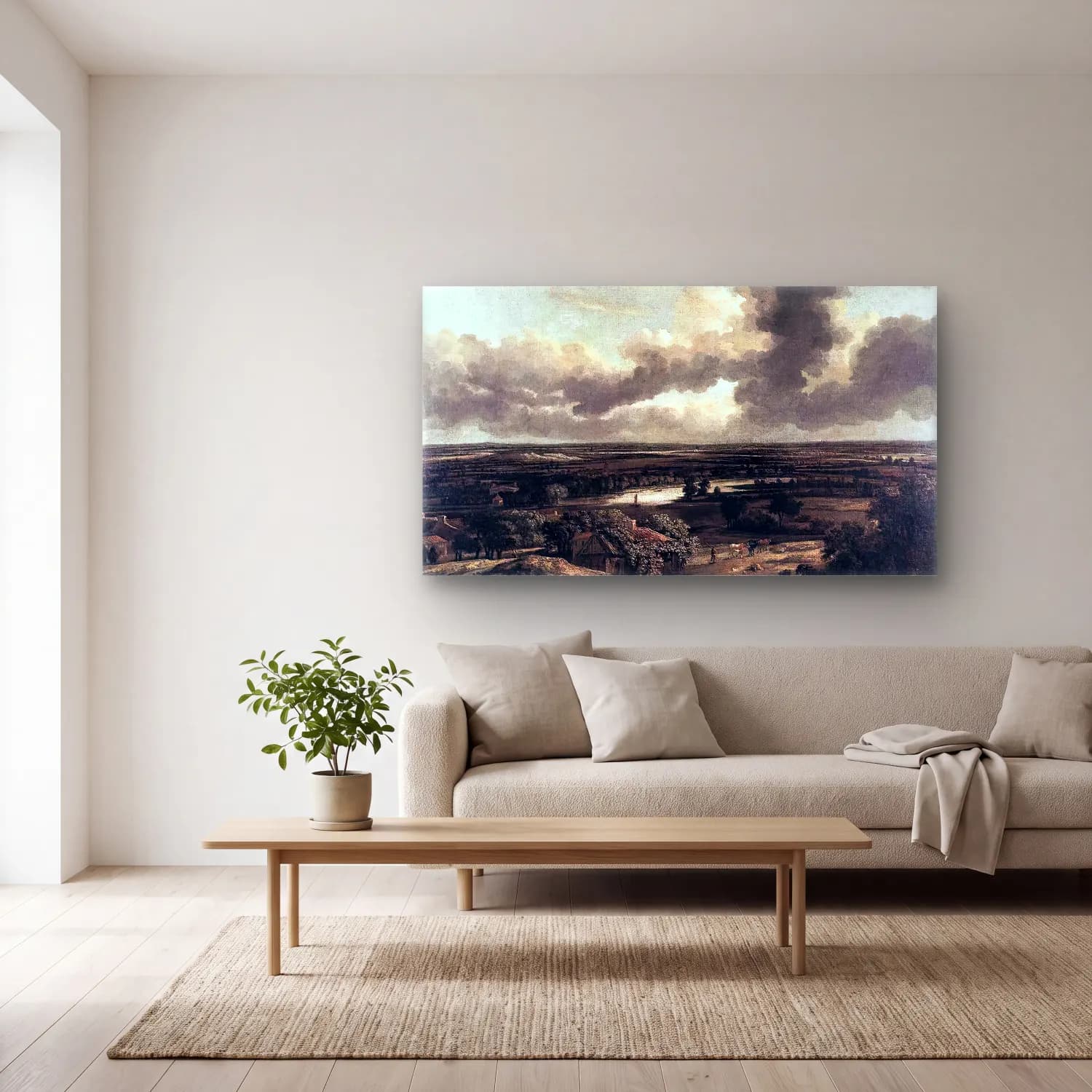 Philips Koninck – Dutch Landscape Viewed from the Dunes cam tablo — açık renk salonda