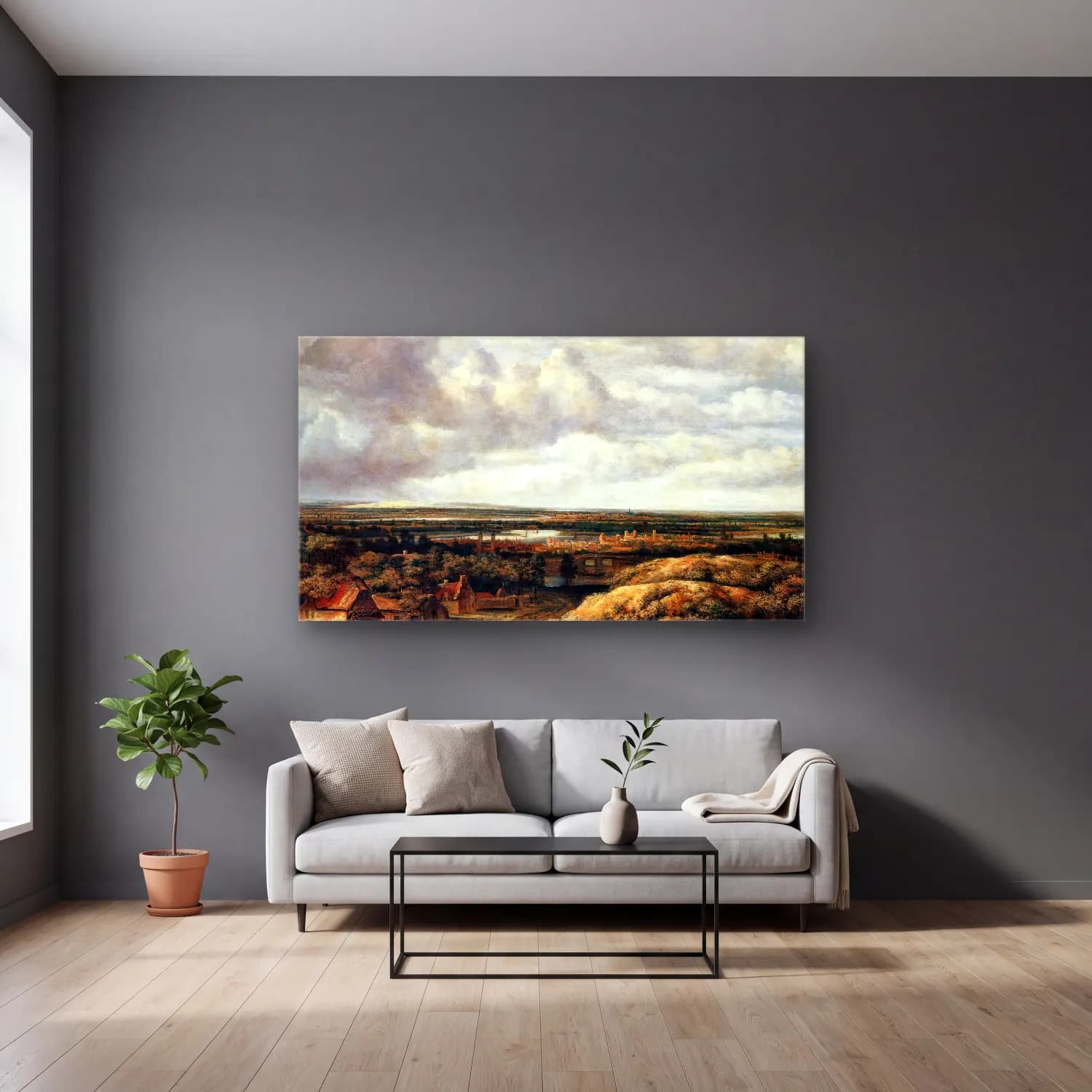 Philips Koninck – Panorama with Farmhouses along a Road cam tablo — gri duvarlı salonda