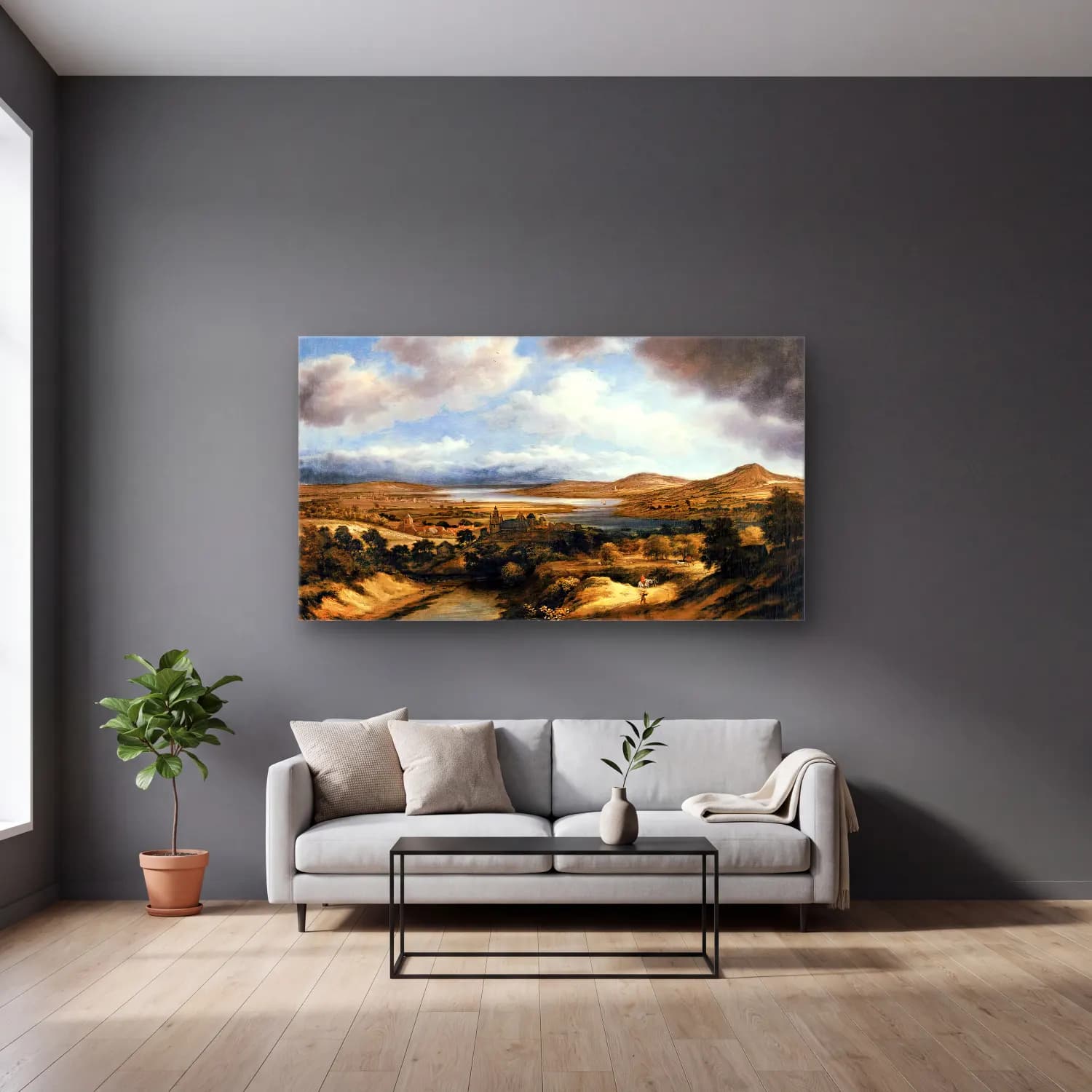 Philips Koninck – Panoramic River Landscape cam tablo — gri duvarlı salonda