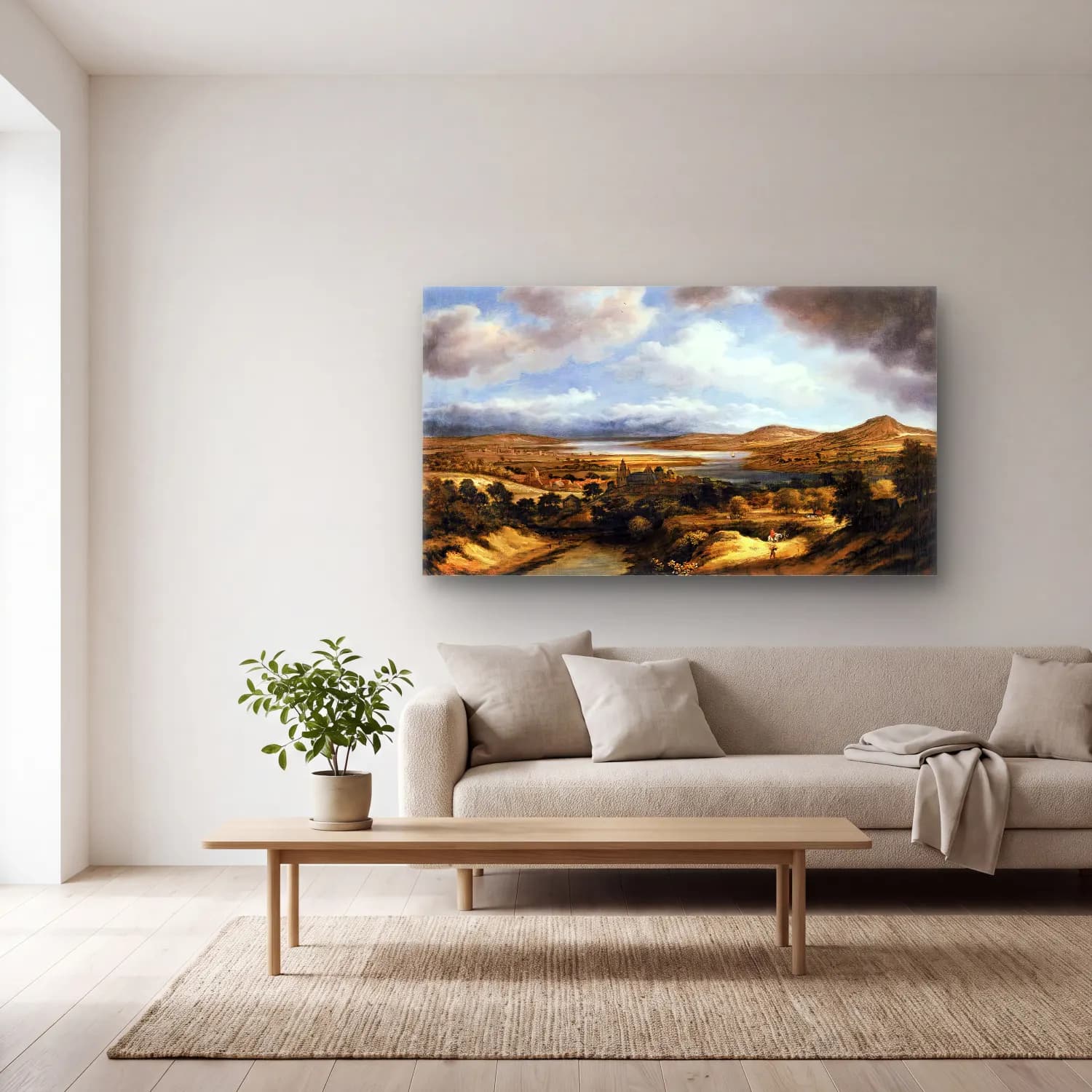 Philips Koninck – Panoramic River Landscape cam tablo — açık renk salonda