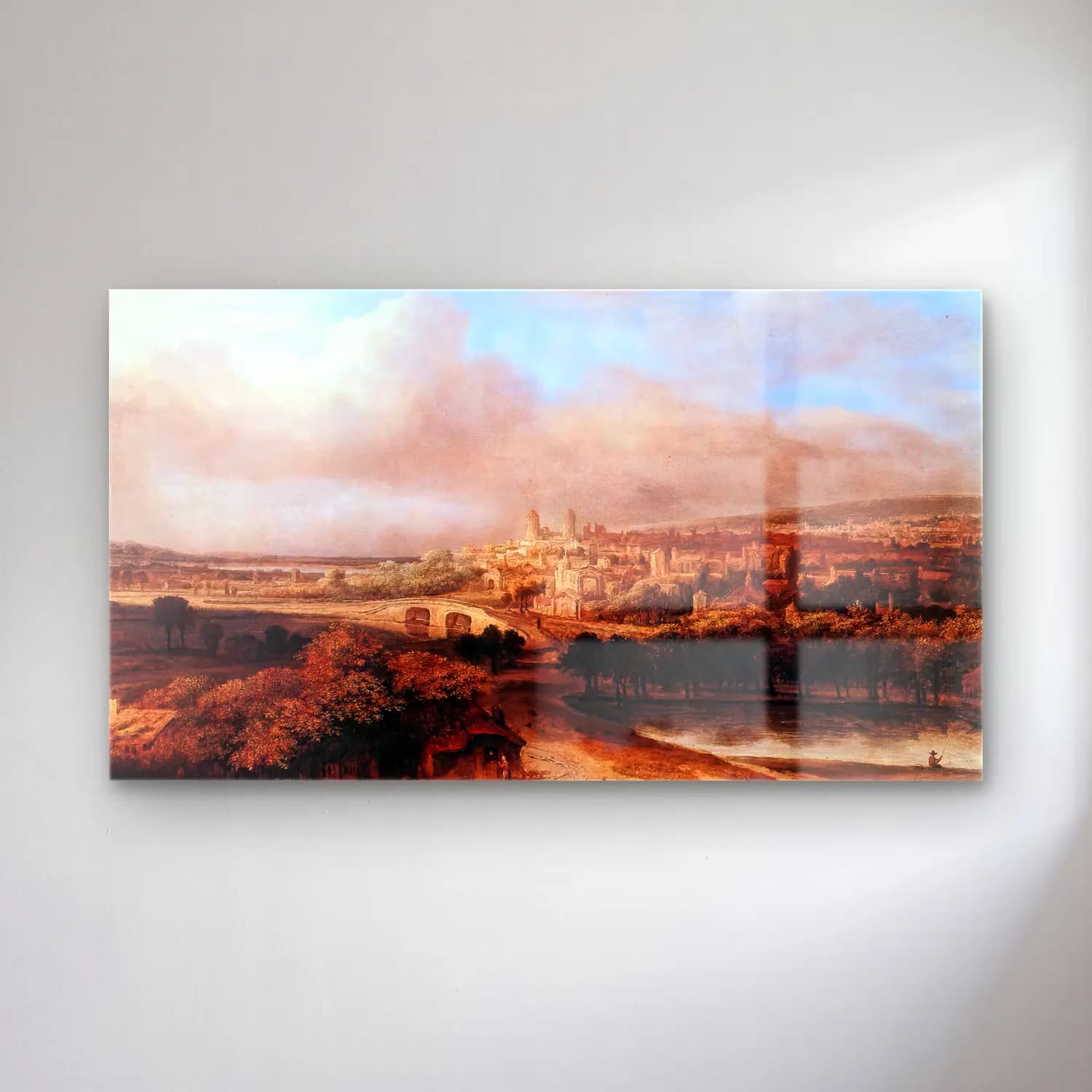 Philips Koninck – Village on a Hill cam tablo — Philips Koninck – Village on a Hill — yağlı boya kırda nehir