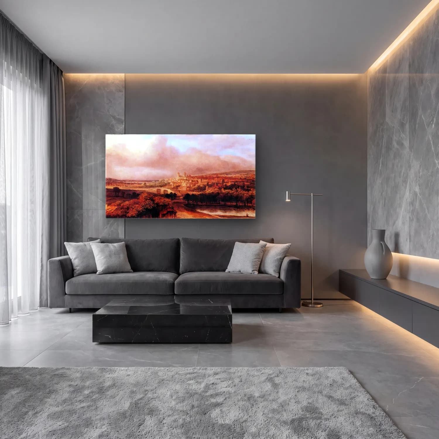 Philips Koninck – Village on a Hill cam tablo — lüks salon duvarında