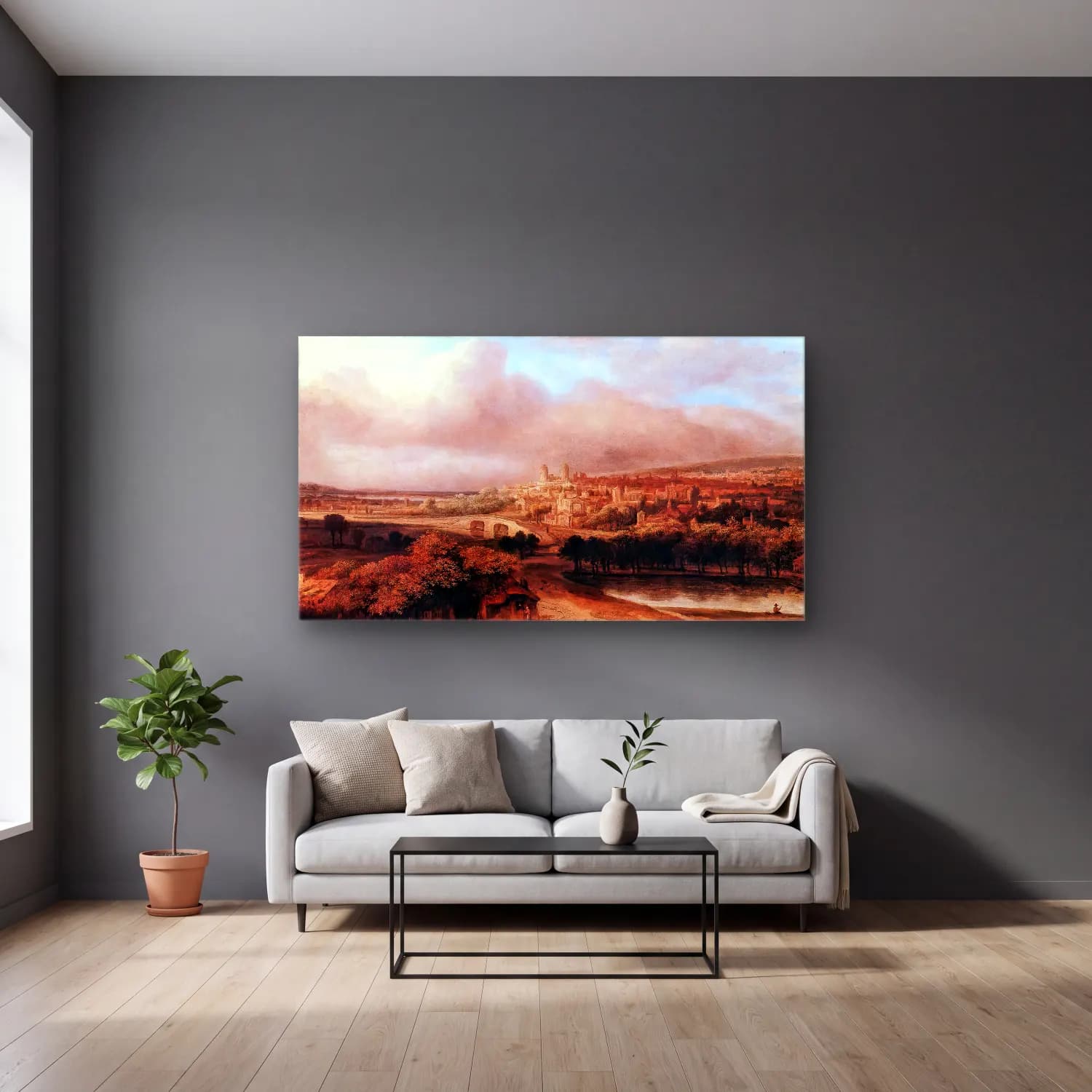 Philips Koninck – Village on a Hill cam tablo — gri duvarlı salonda
