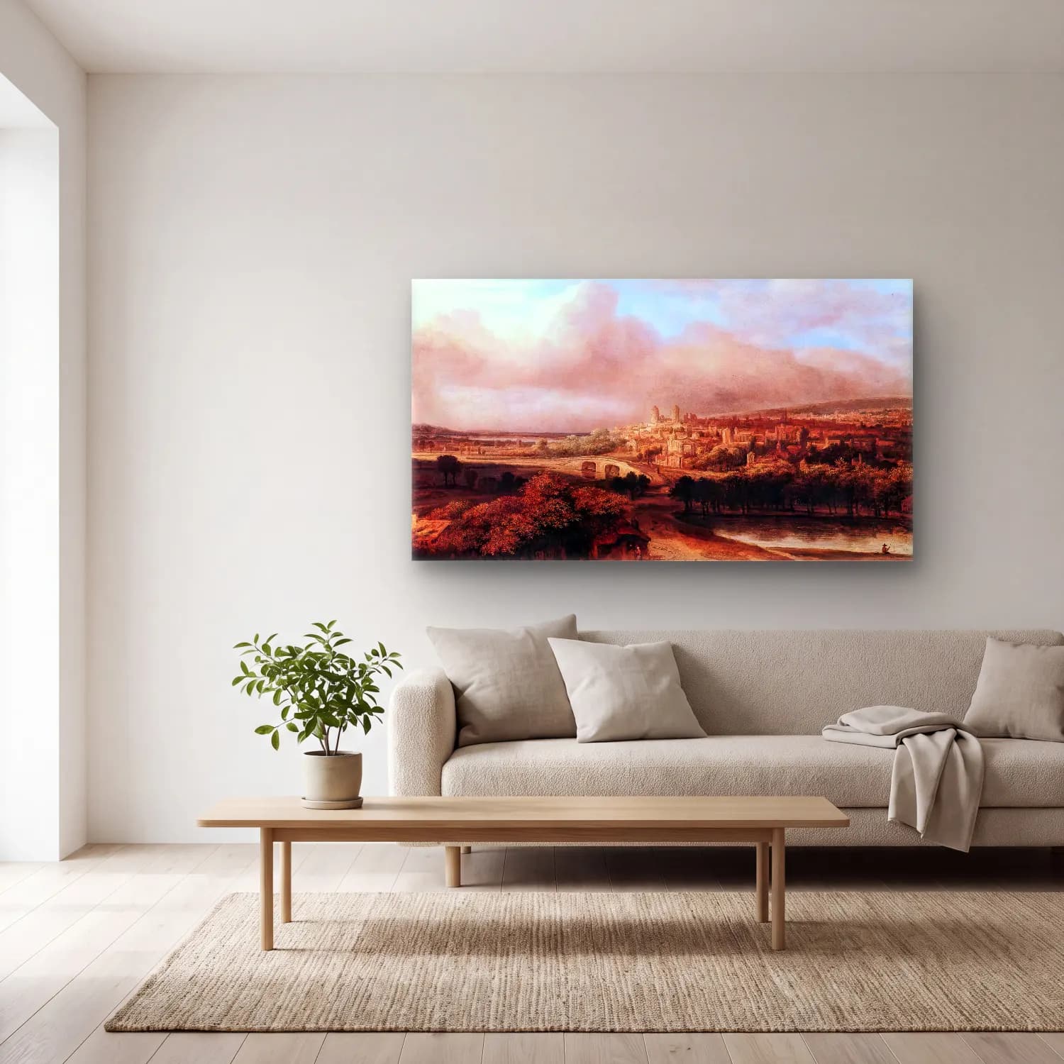Philips Koninck – Village on a Hill cam tablo — açık renk salonda