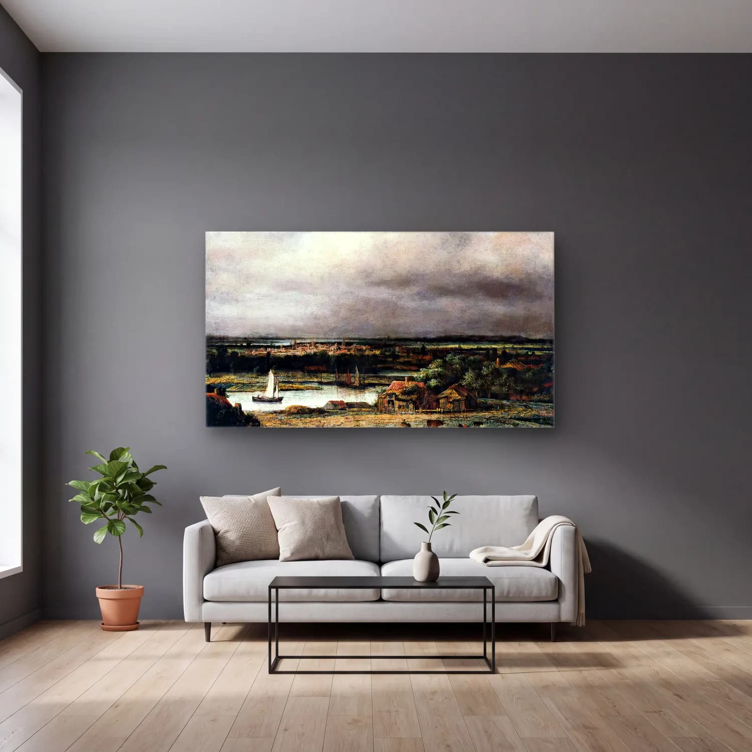Philips Koninck – Wide River Landscape cam tablo — gri duvarlı salonda