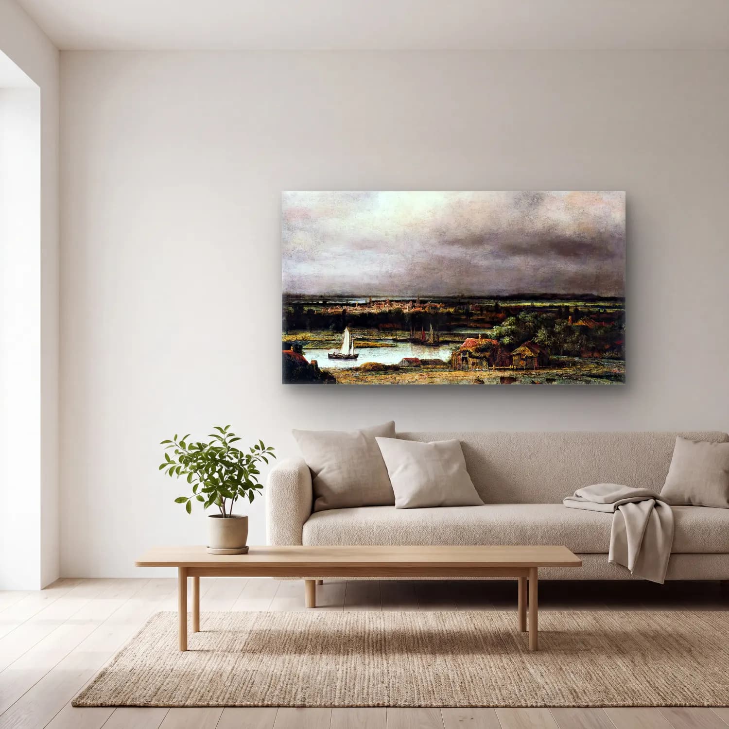 Philips Koninck – Wide River Landscape cam tablo — açık renk salonda