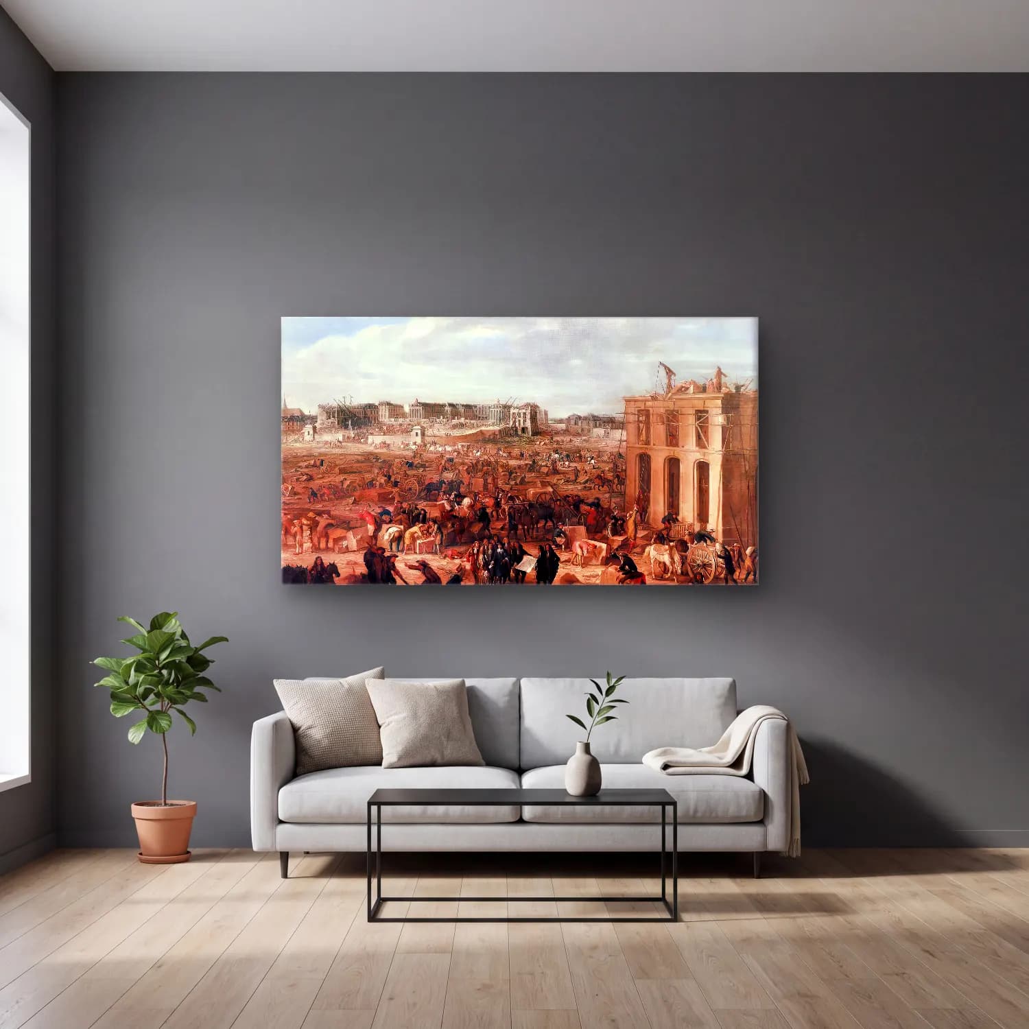 Adam Frans van der Meulen – Construction of the Château de Versailles cam tablo — gri duvarlı salonda