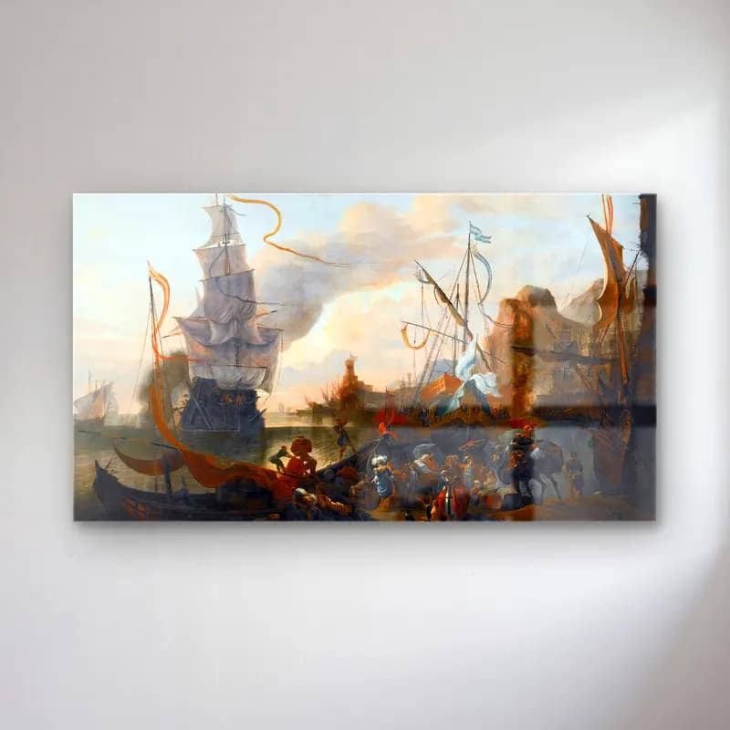 Hendrik van Minderhout – A Levantine Harbour cam tablo — Hendrik van Minderhout – A Levantine Harbour — yağlı boya savaş sahnesi