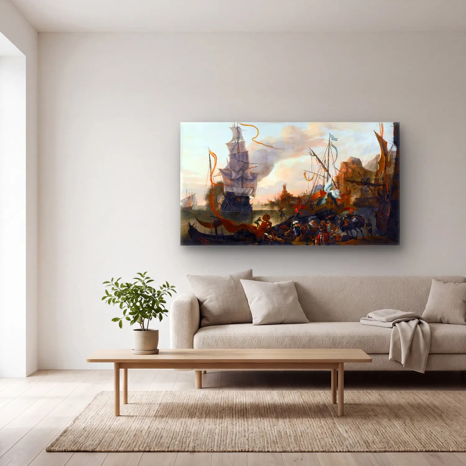 Hendrik van Minderhout – A Levantine Harbour cam tablo — açık renk salonda
