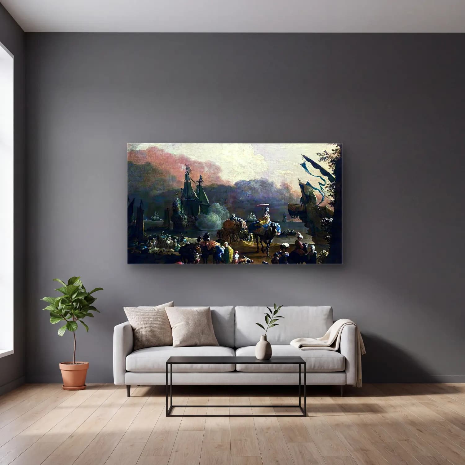 Hendrik van Minderhout – A Mediterranean Harbour Scene cam tablo — gri duvarlı salonda
