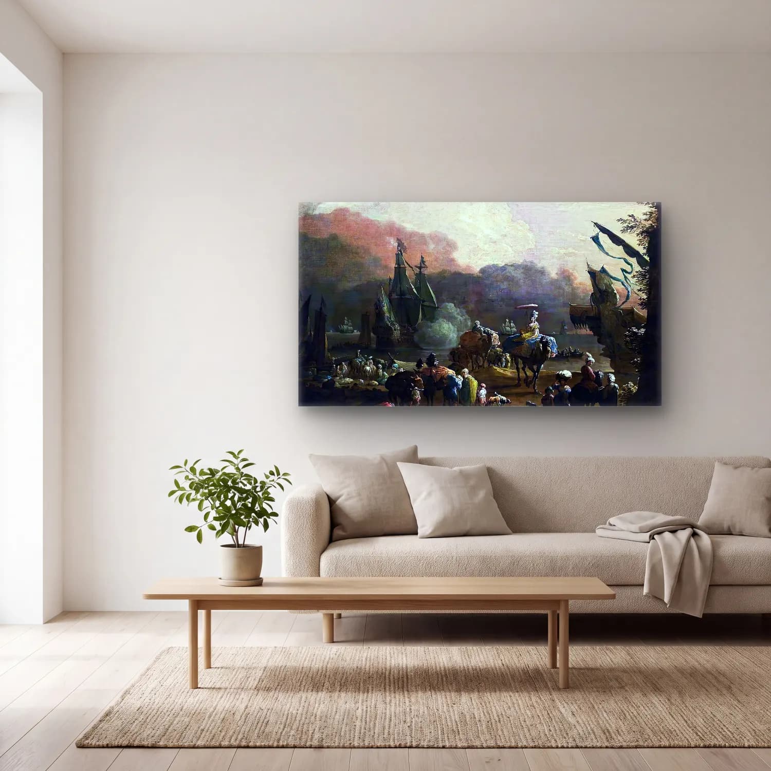 Hendrik van Minderhout – A Mediterranean Harbour Scene cam tablo — açık renk salonda