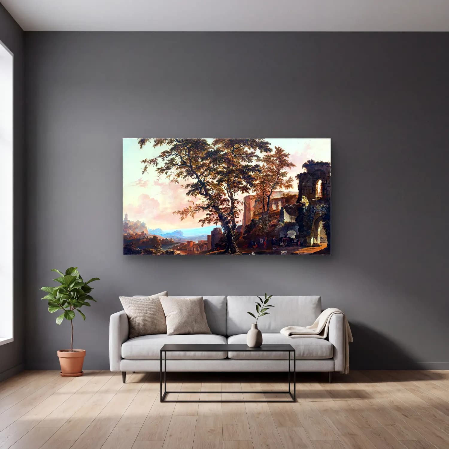 Hendrik van Minderhout – Extensive Rhenish Landscape cam tablo — gri duvarlı salonda