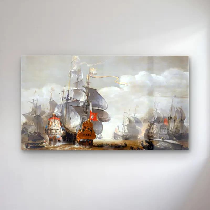 Hendrik van Minderhout – The Battle of Lowestoft cam tablo — Hendrik van Minderhout – The Battle of Lowestoft — yağlı boya savaş sahnesi