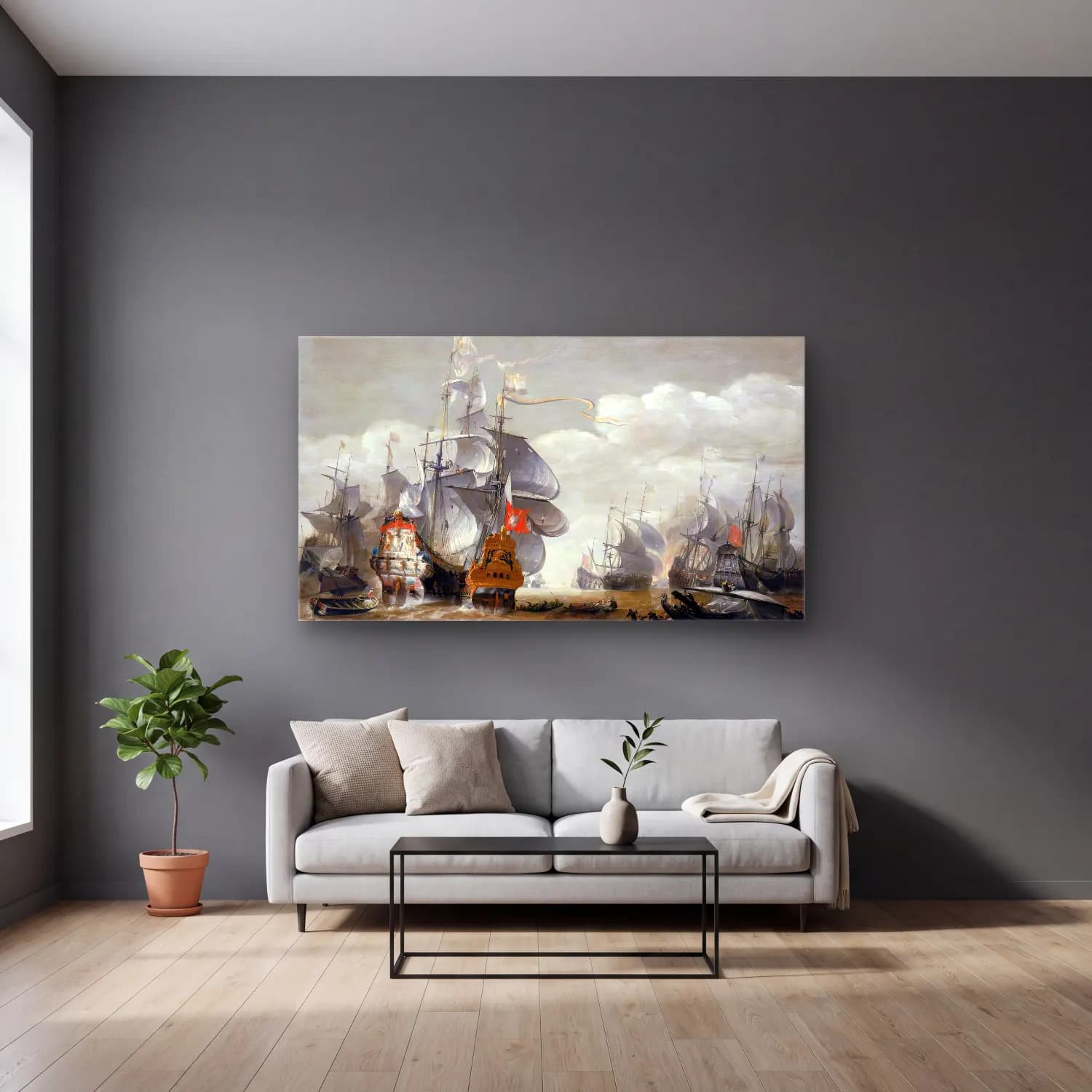 Hendrik van Minderhout – The Battle of Lowestoft cam tablo — gri duvarlı salonda