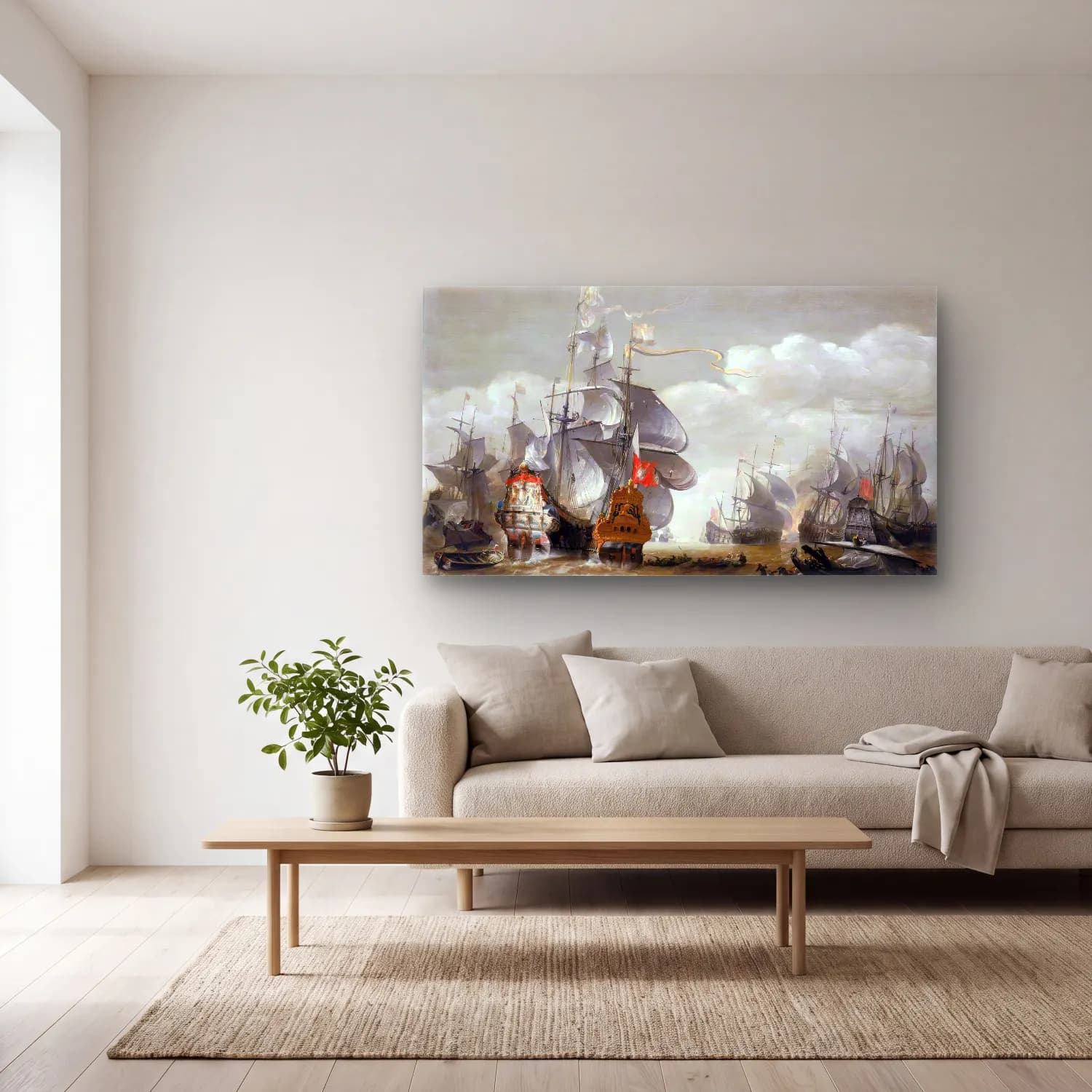 Hendrik van Minderhout – The Battle of Lowestoft cam tablo — açık renk salonda