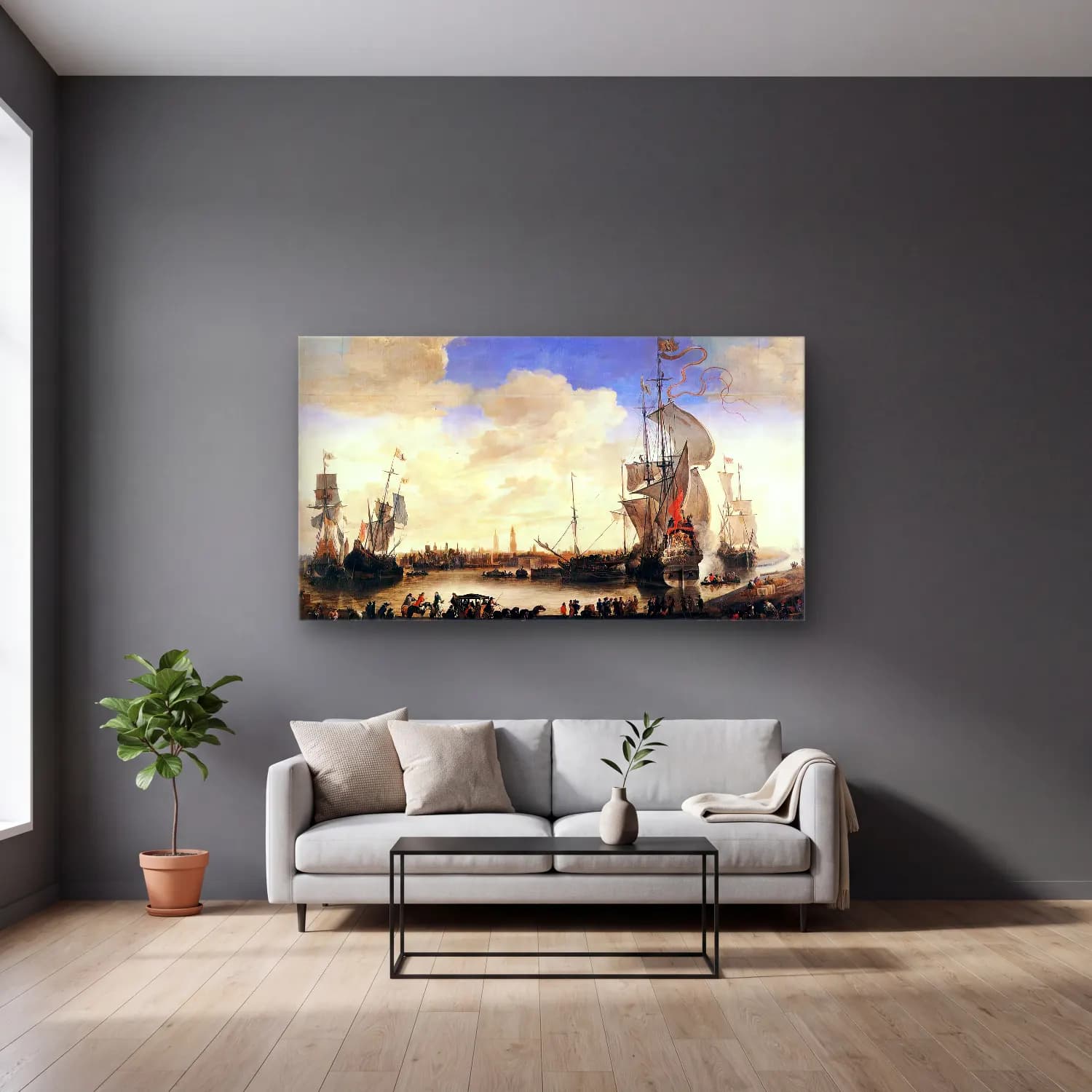 Hendrik van Minderhout – The Handelskom at Bruges cam tablo — gri duvarlı salonda