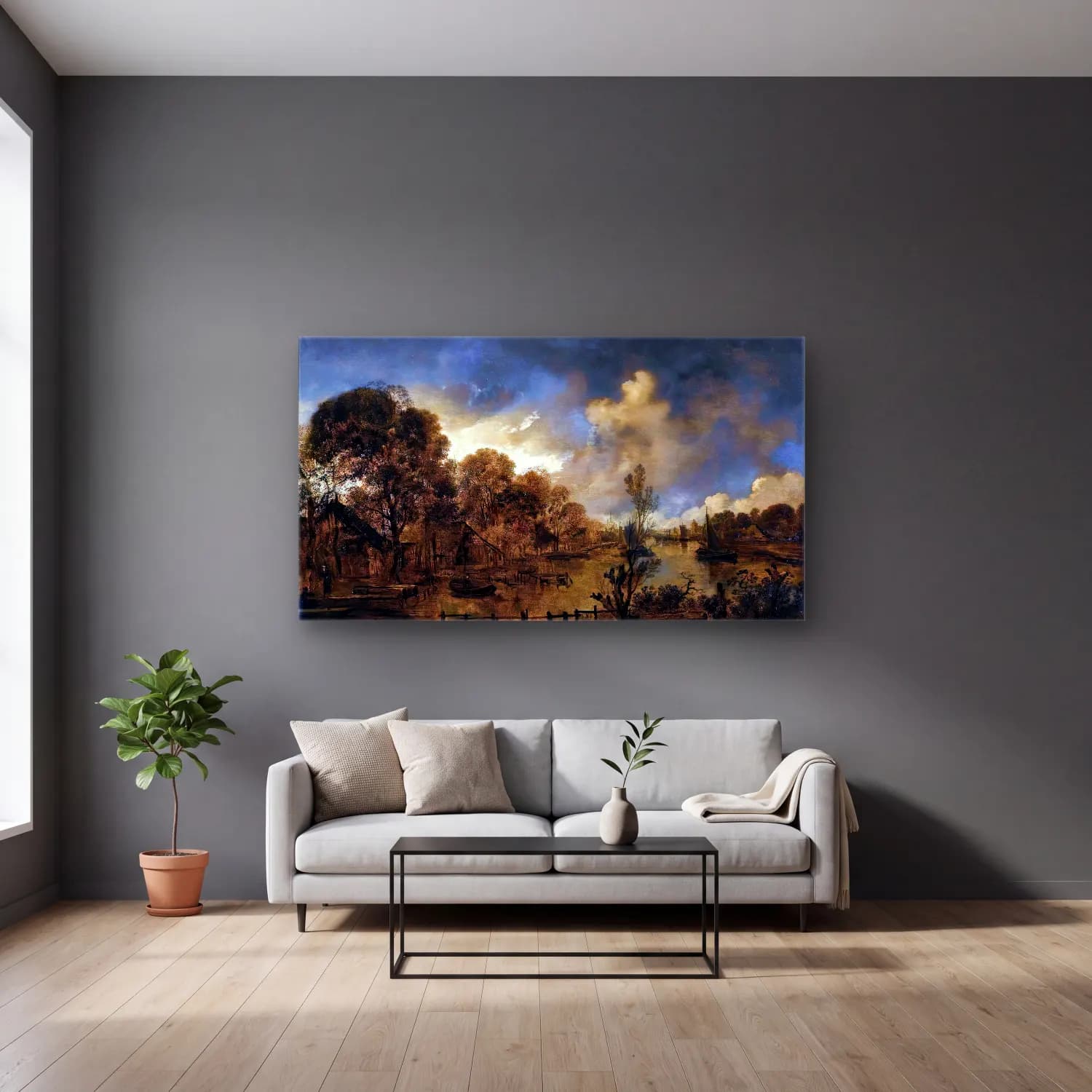 Aert van der Neer – A Canal cam tablo — gri duvarlı salonda