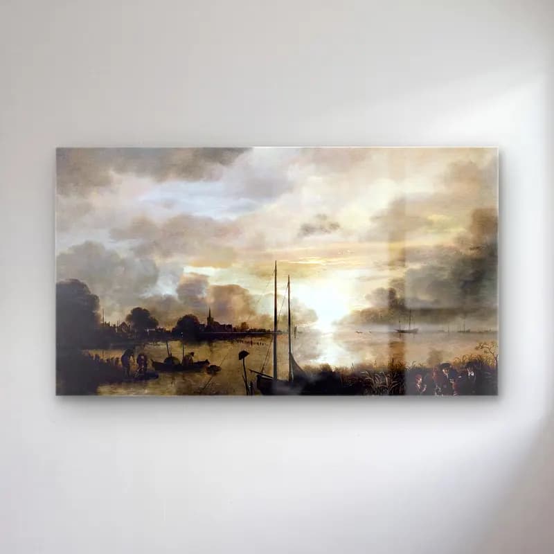 Aert van der Neer – Estuary Landscape cam tablo — Aert van der Neer – Estuary Landscape — yağlı boya liman ve tekneler